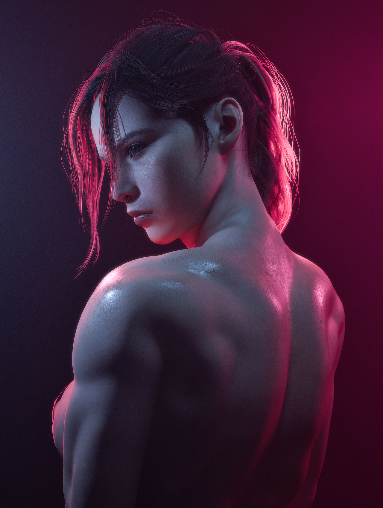 1girls, 3d, back, back view, blue eyes, claire redfield, claire redfield (jordan mcewen), female, female focus, female only, muscular, muscular back, muscular female, resident evil, resident evil 2, resident evil 2 remake, vexonair