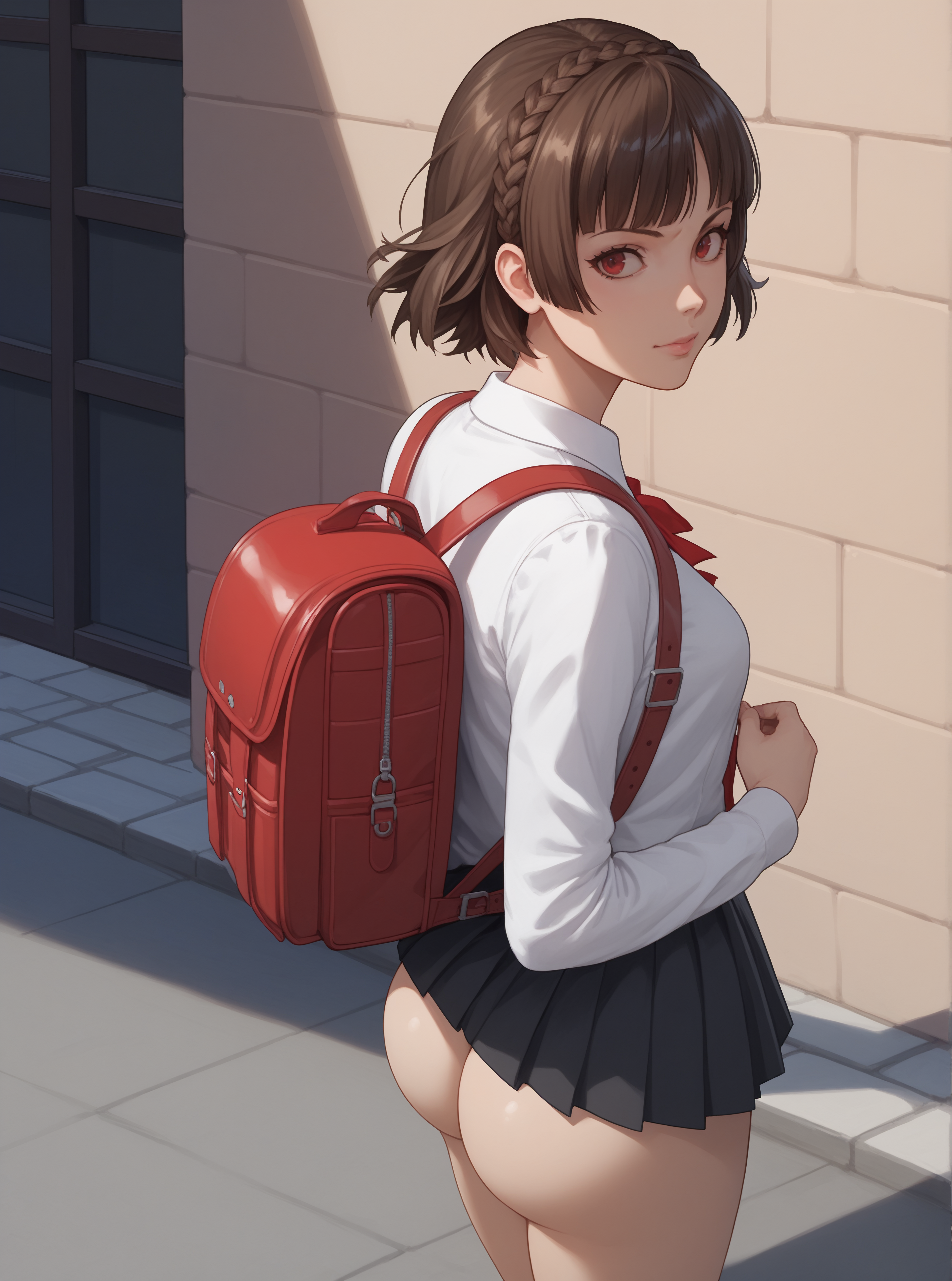 ai generated, ass, atlus, backpack, female, female only, light skin, makoto niijima, persona, persona 5, robinlover, school uniform, schoolgirl uniform, skirt, tagme