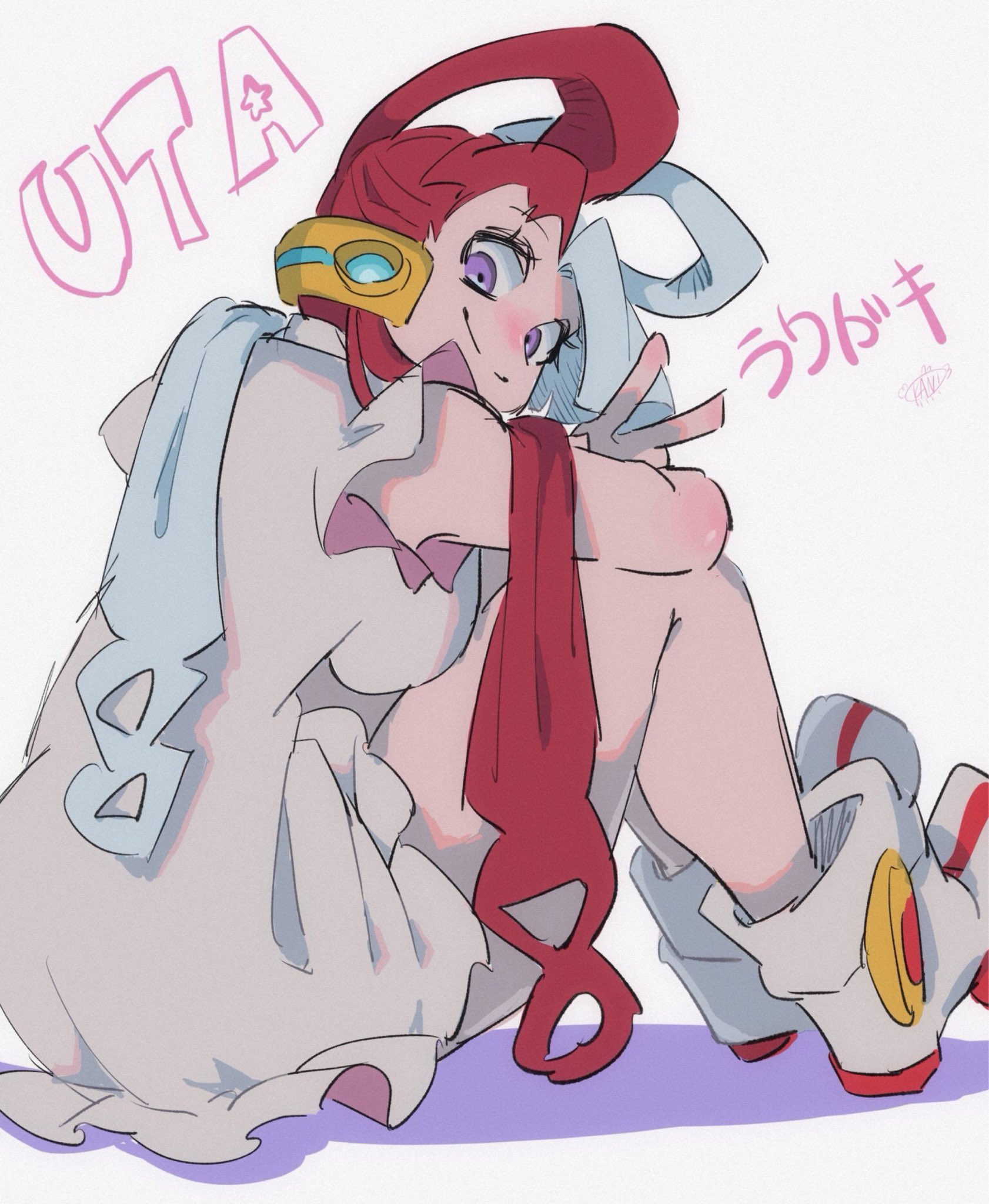 1girls, female, female only, kanikanipan3740, long hair, looking at viewer, multicolored hair, one piece, peace sign, purple eyes, red hair, red-haired female, sitting, smile, twintails, two-tone hair, uta (one piece), white hair, white-haired female