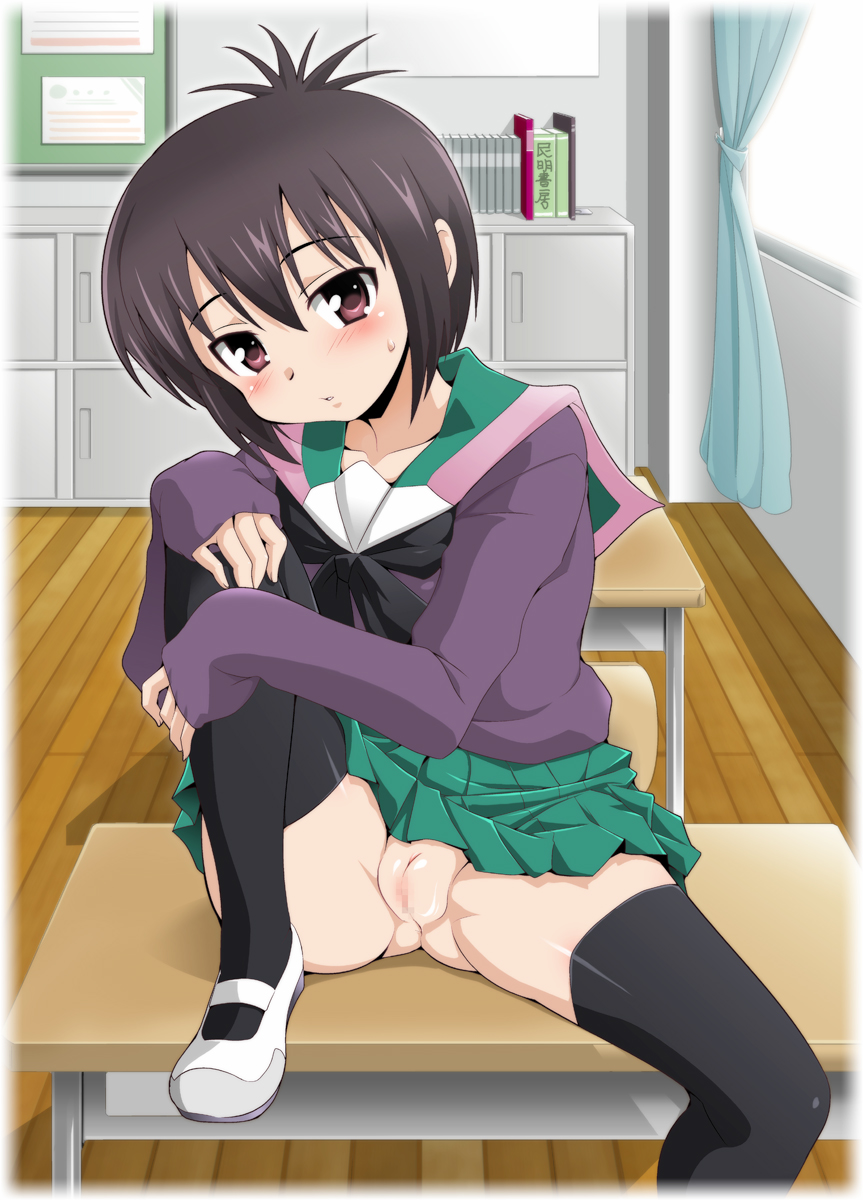 a_channel black_hair blush censored character_request classroom clothing curtains female female_only human looking_at_viewer mosaic_censoring no_panties on_desk parted_lips pussy red_eyes ryumage school_uniform serafuku short_hair sitting skirt sleeves_past_wrists solo spread_legs sweatdrop text thighhighs tooru_ichii translation_request window