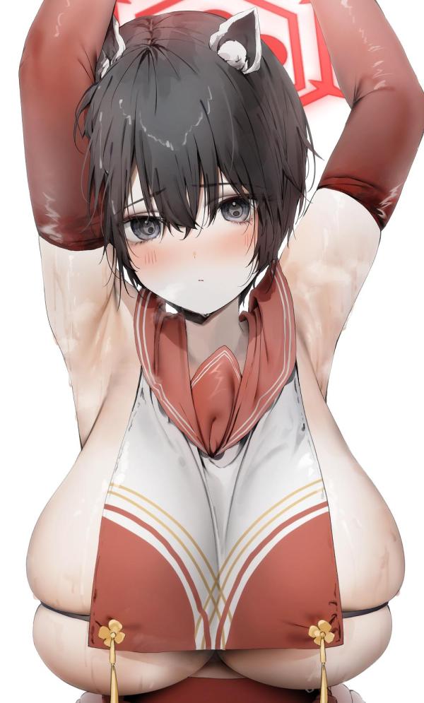 1girls allied_hyakkiyako_academy_student animal_ears armpits black_eyes black_hair blue_archive blush breasts female female_only halo huge_breasts inner_discipline_club_(blue_archive) light-skinned_female light_skin nose_blush poharo raccoon_ears raccoon_girl sideboob solo sweat tagme tsubaki_(blue_archive)