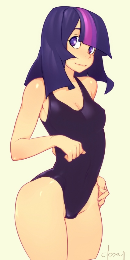 breasts, cleavage, doxy, erect nipples, female, friendship is magic, long hair, multicolored hair, my little pony, nipples, one-piece swimsuit, personification, pink hair, purple eyes, purple hair, signature, simple background, smile, solo, swimsuit, twilight sparkle (mlp)