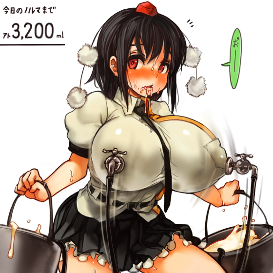 1girls alternate_breast_size big_breasts breasts bucket clothing faucet faucet_on_nipples female hat holding_object huge_breasts japanese_text lactating lactation large_breasts looking_at_viewer milk milking milking_machine necktie no_humans red_eyes sachito shameimaru_aya solo tap team_shanghai_alice tengu text tokin_hat touhou youkai