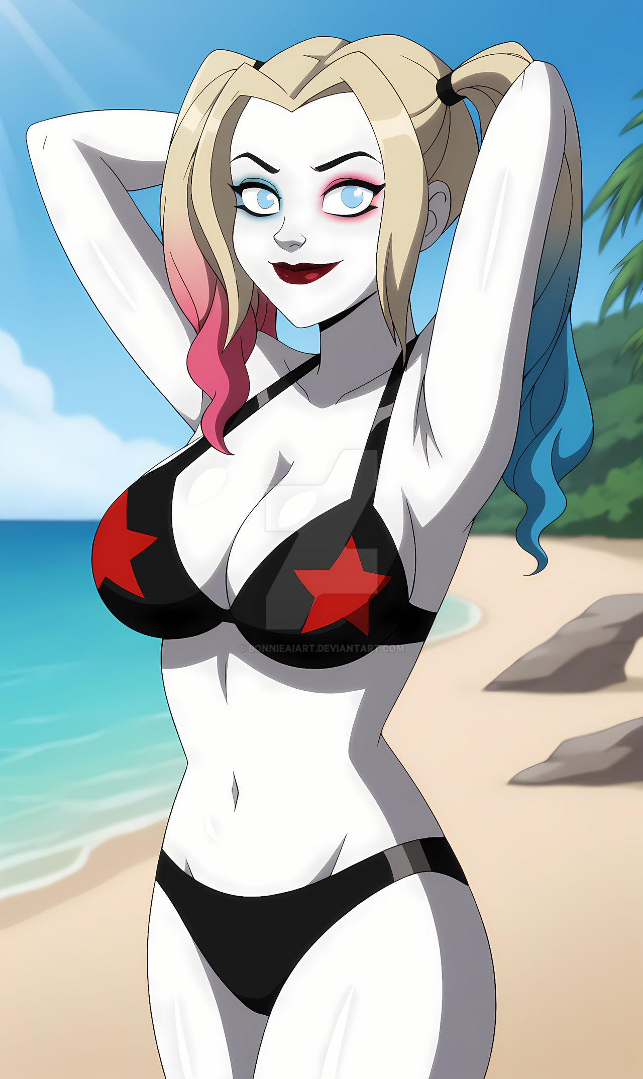 ai_generated bonnieaiart breasts dc dc_comics female female_focus female_only harley_quinn harley_quinn_(series) nai_diffusion outside solo stable_diffusion swimsuit watermark