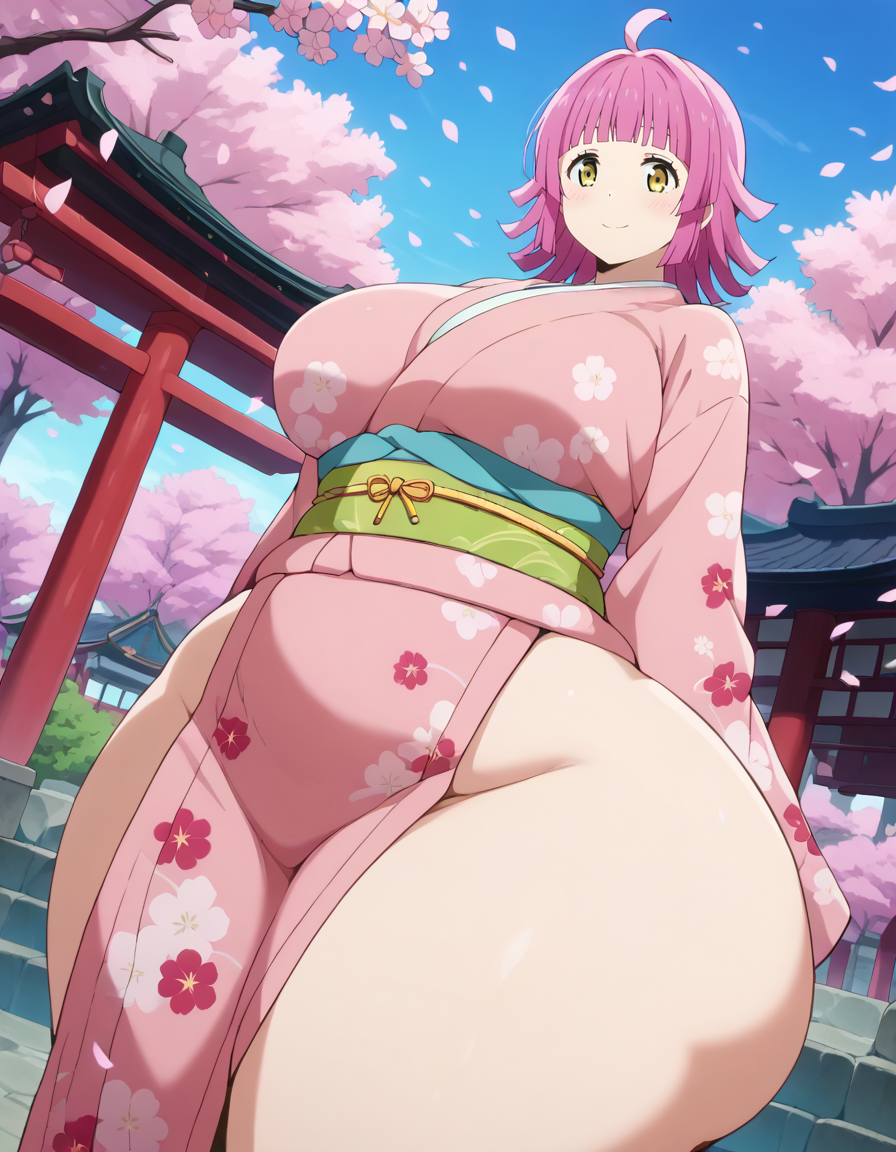 ai_generated arms_at_sides blush bottomless cherry_blossoms flower_print gigantic_thighs huge_breasts hyper_thighs kimono love_live! love_live!_nijigasaki_high_school_idol_club no_panties smile stable_diffusion tennouji_rina thick thighs wide_hips