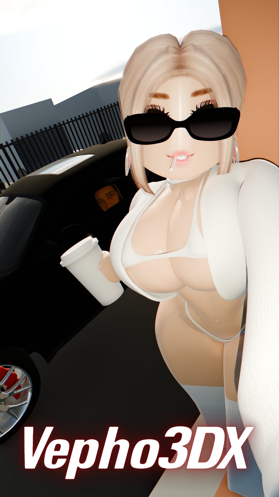 1girls 3d artist_name bimbo breasts car cleavage outdoors roblox robloxian rothot_(vepho3dx) tagme thighs vepho3dx