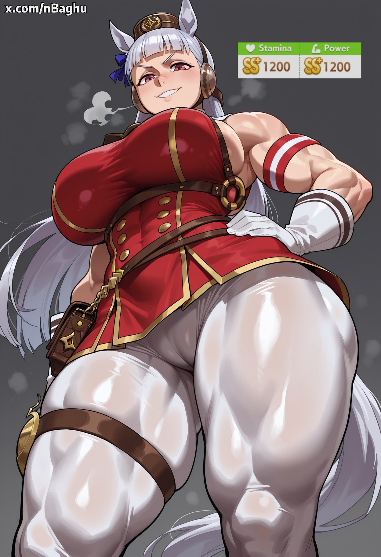 1girls, abs, ai generated, biceps, big breasts, breasts, cameltoe, curvy, dress, female, from below, gold ship (umamusume), hat, horse ears, horse girl, horse tail, large breasts, long hair, looking at viewer, muscular, muscular female, nbaghu, pantyhose, pussy, red eyes, short dress, sideboob, sleeveless, solo, solo female, tail, thick thighs, thighs, thunder thighs, umamusume, umamusume pretty derby, white hair