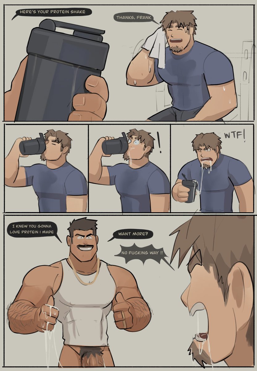 balls bara big_penis comic cum cum_drinking cum_in_cup drinking_cum facial_hair flaccid frank_(kenkudog) kenkudog male male_only moustache muscles muscular penis speech_bubble sweat sweating unaware