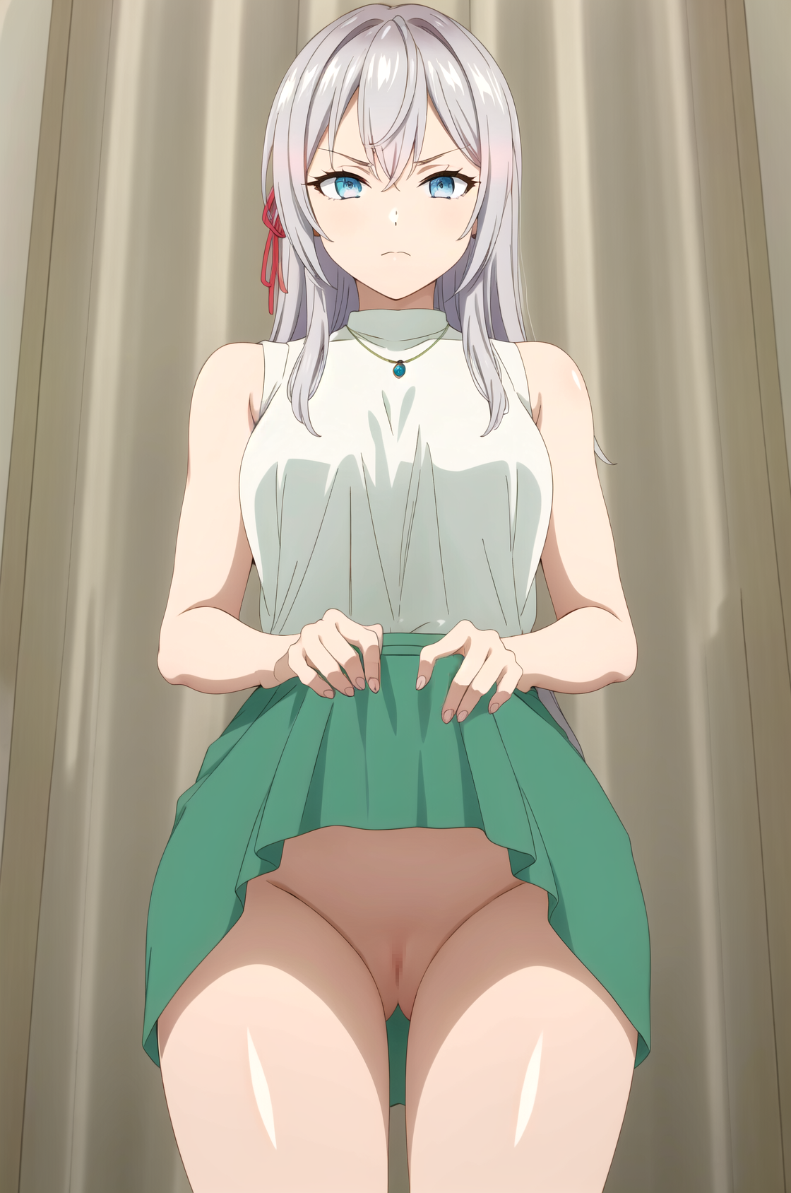 1girls, ai generated, alisa mikhailovna kujou, angry, breasts, censored, female, female only, pussy, skirt, solo, tokidoki bosotto russian de dereru tonari no alya-san