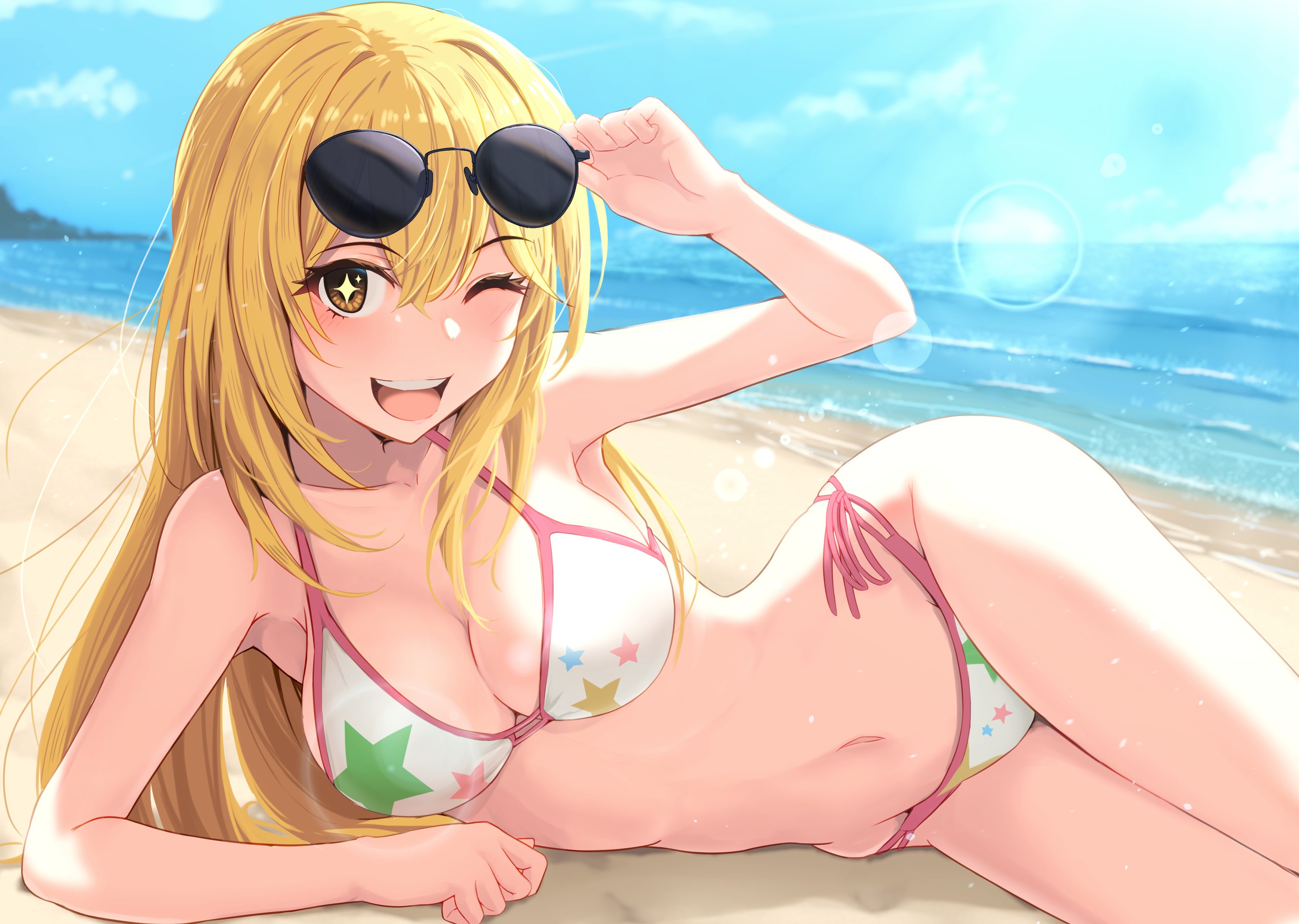 ;d, 1girls, 2020s, 2023, adjusting eyewear, beach, bikini, blonde hair, breasts, cleavage, commission, day, eyewear on head, female, hair between eyes, hand on eyewear, hi res, k3rd, large breasts, light skin, light-skinned female, long hair, lying, navel, ocean, official alternate costume, on side, one eye closed, open mouth, outdoors, shokuhou misaki, shokuhou misaki (desired swimsuit), side-tie bikini bottom, skeb commission, smile, solo, sparkling eyes, star (symbol), star print, sunglasses, sunlight, swimsuit, teenage female, teenager, to aru kagaku no railgun, to aru majutsu no index, toaru kagaku no mental out, white bikini, young, young female