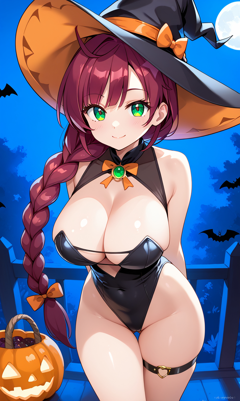 1girls aged_up ai_generated alternate_body_type alternate_breast_size big_breasts breasts chloe_(pokemon) cleavage collarbone female female_focus female_only game_freak green_eyes halloween halloween_costume huge_breasts human large_breasts light-skinned_female light_skin nintendo pokemon pokemon_journeys purple_hair revealing_clothes ryuzam sideboob skimpy skimpy_clothes smile solo upper_body witch witch_costume witch_hat