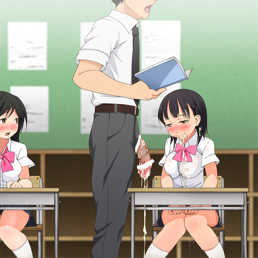 2girls, after sex, aomizuan, black hair, blush, book, bow, breasts, brown eyes, censored, classroom, cum, cum in mouth, cum on body, cum on breasts, cum on clothes, cum on hair, cum on upper body, desk, facial, female, flaccid, gekka f-to, large breasts, male, multiple females, multiple girls, original, penis, pointless censoring, poking, pussy, pussy juice, saliva, school uniform, schoolgirl, short hair, skirt, sweat, teacher, teacher male, tear