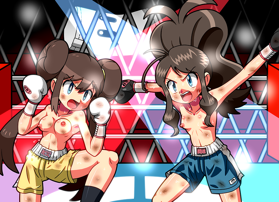 2girls angry aqua_eyes arena black_boxing_gloves black_gloves black_socks boxing boxing_gloves boxing_ring boxing_shorts breasts bruises convenient_censoring dark_brown_hair darkshadow female female_only fight gloves hair_between_eyes hilda_(pokemon) human human_only light-skinned_female light_skin multiple_females nintendo nipples open_mouth pokemon pokemon_bw pokemon_bw2 ponytail rorretsim rosa_(pokemon) sandbag sandbag_(super_smash_bros.) shorts small_breasts socks super_smash_bros. thick thick_thighs thighs tied_hair topless topless_boxing topless_female upper_teeth white_boxing_gloves white_gloves