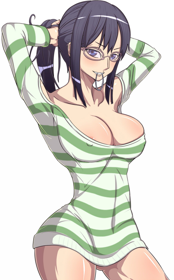 areola_slip areolae bangs black_hair blue_eyes bottomless breasts cleavage female female_only glasses hairband large_breasts looking_at_viewer mouth_hold nico_robin one_piece one_piece_film_strong_world pre-timeskip rasen_kyuuri shirt simple_background solo striped striped_shirt sweater thick_thighs thighs white_background