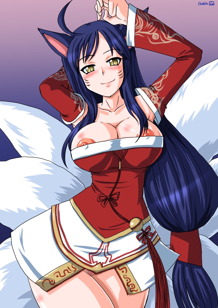 ahri animal_ears areolae blue_hair blush breasts clitoris detached_sleeves facial_mark female fox_ears fox_tail large_breasts league_of_legends long_hair multiple_tails murasaki_(konekomilk) nipple_slip nipples no_panties pubic_hair smile tail