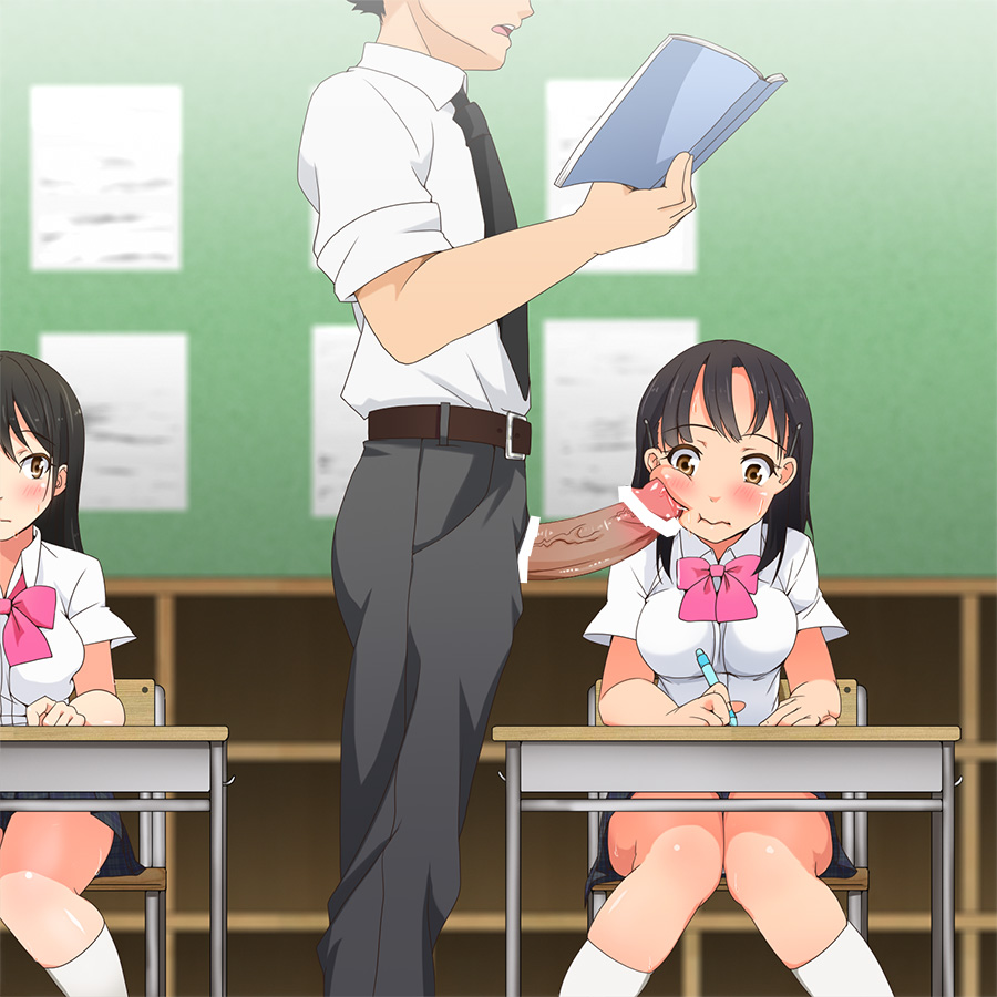 2girls aomizuan black_hair blush book bow breasts brown_eyes censored cheek_poke classroom clothing desk facejob gekka_f-to large_breasts multiple_girls original penis penis_on_face pointless_censoring poking public school_uniform sex_education skirt socks sweat teacher white_legwear