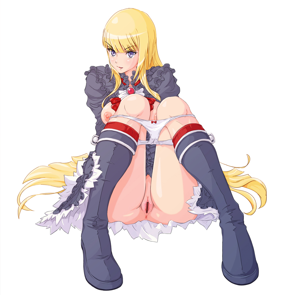 anus bangs blonde_hair blunt_bangs boots breasts censored dress emilie_de_rochefort female frills gloves jeibii long_hair panties panty_pull parted_lips purple_eyes pussy simple_background sitting solo tekken tekken_6 tsurime underwear white_background