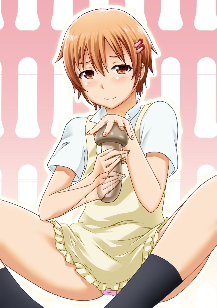 afterimage apron blush brown_eyes brown_hair female female_only food hair_ornament hairclip hairpin handjob highres human inami_mahiru mushroom no_pants panties pantyshot pantyshot_(sitting) penis sexually_suggestive short_hair sitting smile solo spread_legs suzushiro_nazuna underwear waitress working!!