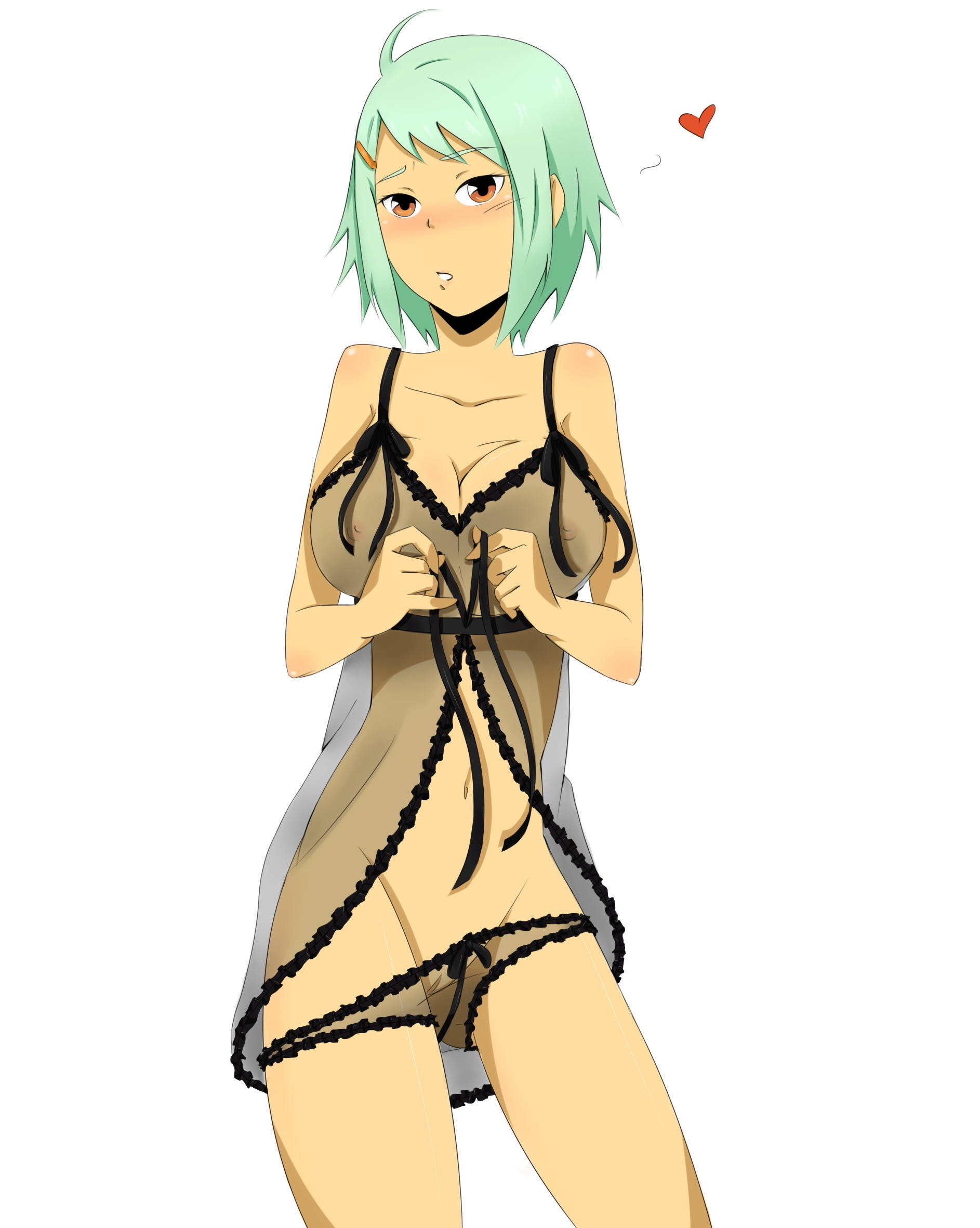 bare shoulders, blush, breasts, cleavage, female, fuu (naruto), green hair, hairclip, heart, large breasts, lingerie, naruto, naruto (series), naruto shippuden, navel, nightgown, nipples, orange eyes, panties, panty pull, pussy, see-through, simple background, solo