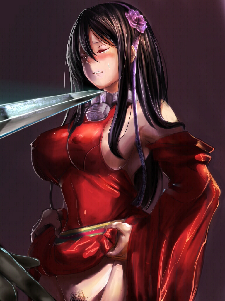 bare_shoulders black_hair blush breasts clenched_teeth closed_eyes collar detached_sleeves dress dress_lift erect_nipples erinerin99 female flower forced hair_flower hair_ornament hairband imminent_rape large_breasts lock long_hair no_panties pubic_hair queen's_blade queen's_blade_rebellion red_dress sideboob skirt_lift skirt_lifted_by_self sword tarnyan tears weapon