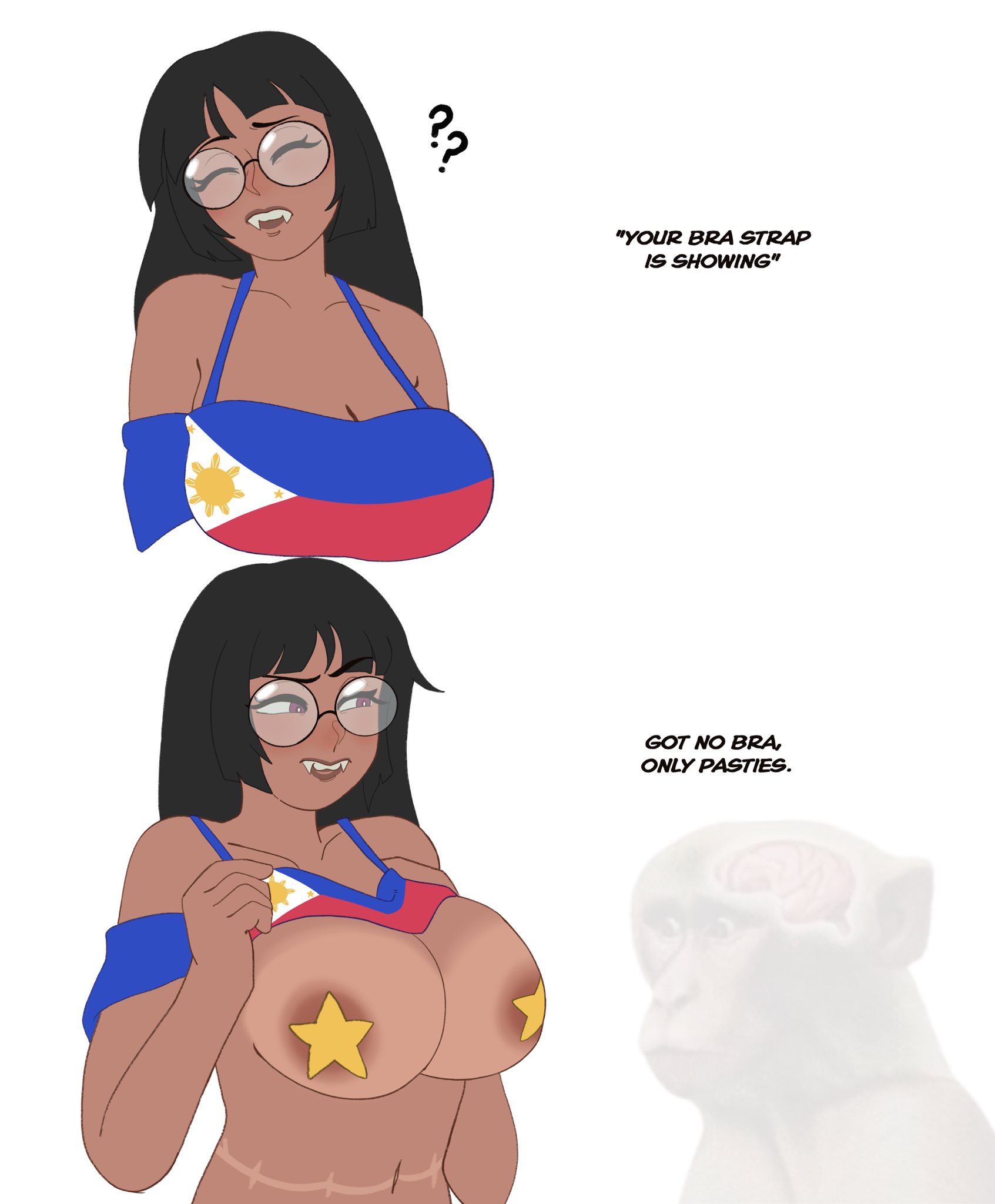 1girls, asian, asian female, big breasts, black hair, bra strap is showing (meme), breasts, breasts focus, brown eyes, brown nipples, clothed, clothed female, clothing, color, dark-skinned female, dialogue, english text, female, female focus, female only, flashing, flashing breasts, glasses, human, long hair, manananggal, meme, neuron activation (meme), nipples, pasties, scar, simple background, soyjak.party, soykio girl, spicyramen (ramieramen1), tan body, tan skin, text, twitter link, white background