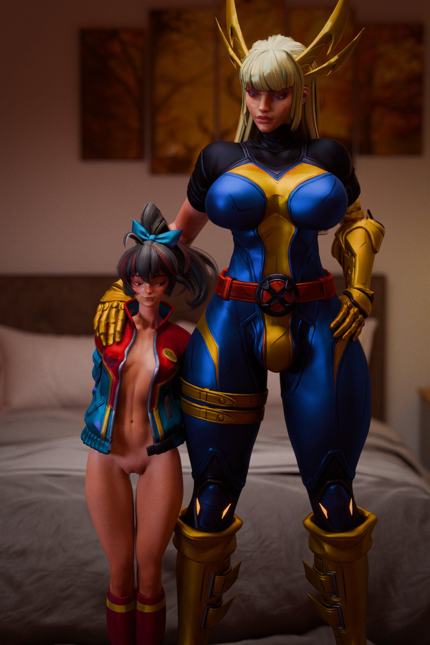 1futa, 1girls, 3d, 3d (artwork), bed sheet, bedroom, empire state university, female, futa on female, futa with female, futanari, ichirenn61, indoor nudity, indoors, larger futanari, latex, latex bodysuit, latex clothing, latex skinsuit, long hair, magik (illyana rasputin), magik (marvel rivals), magik (retro x-uniform), marvel, marvel comics, marvel rivals, peni parker, peni parker (marvel rivals), size difference, smaller female, standing