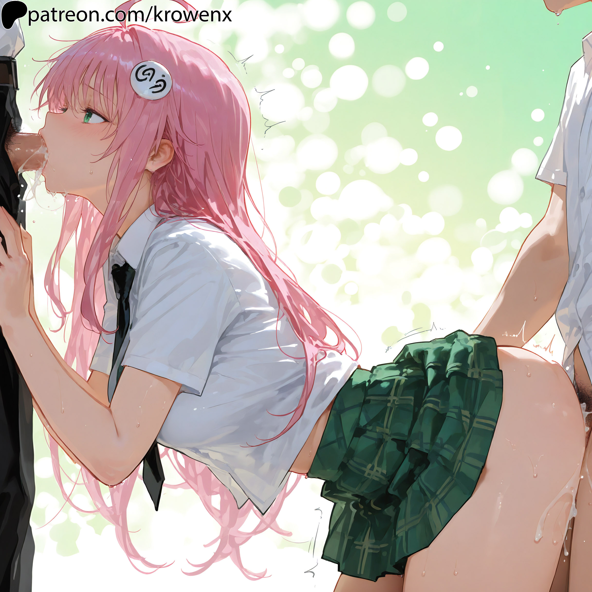 1girls, 2boys, ahoge, ai generated, blowjob, blush, cum, cum in mouth, cum inside, fellatio, female, female focus, from side, green eyes, krowenx, lala satalin deviluke, long hair, no panties, oral, oral sex, penis, penis in mouth, pink hair, sex, sucking, sucking penis, thighs, to love-ru, uncensored