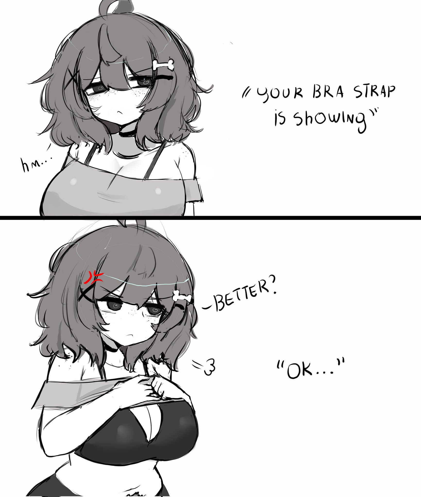 1girls, 2koma, ahoge, bra, bra strap, bra strap is showing (meme), breasts, cleavage, english text, female, large breasts, original, original character, shirt, shirt lift, shirt lifted by self, short hair, simple background, solo, solo female, white background, yourmizuki