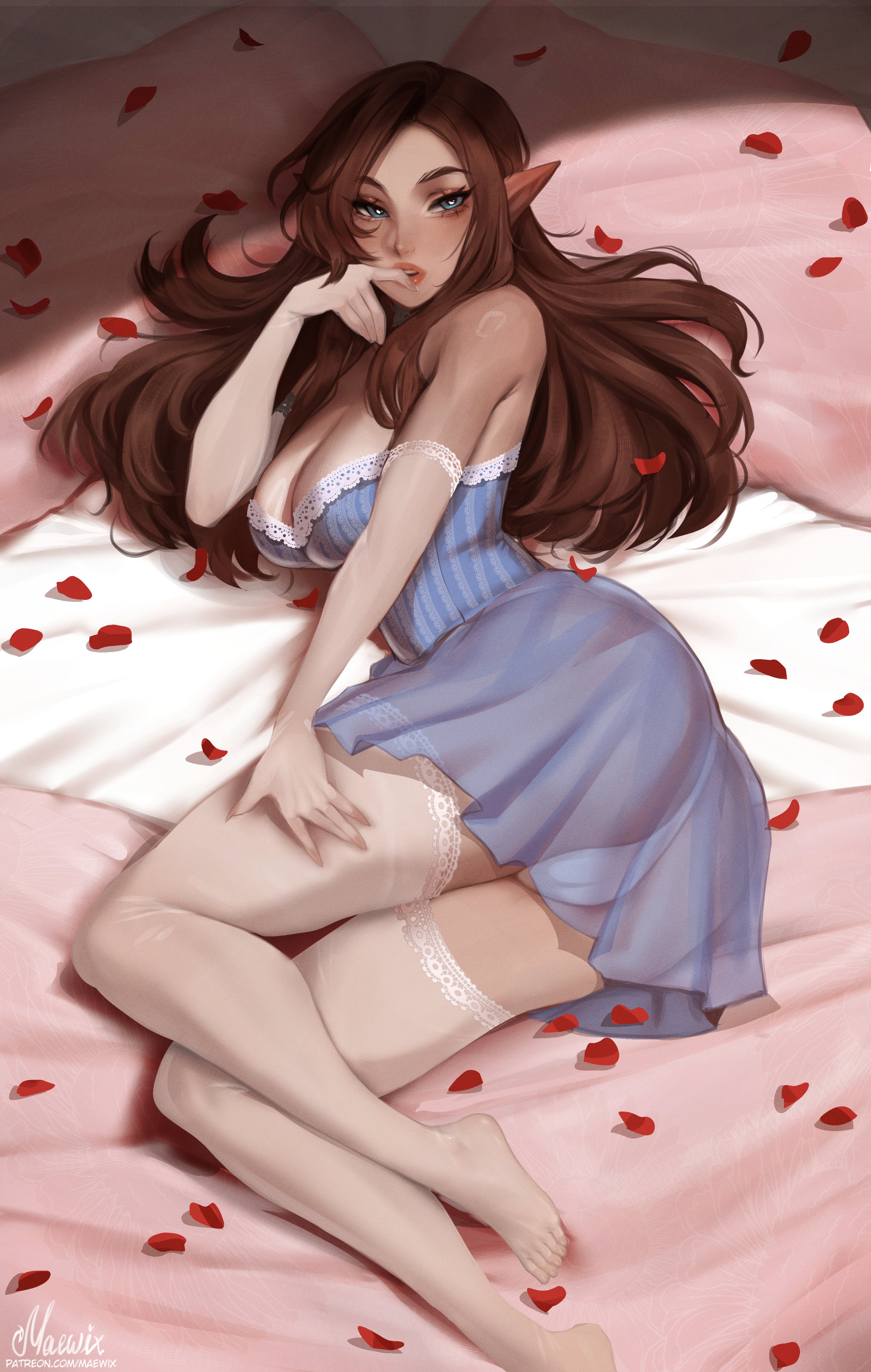 1futa, absurd res, armwear, bent legs, blue dress, blue eyes, brown hair, dress, elf, elf ears, elf futa, elisia oc, eyelashes, finger to mouth, futa only, futanari, long hair, looking at viewer, lying, lying on bed, lying on side, maewix1, on side, panties, panties visible through clothing, petals, rose petals, see-through, solo, stockings, white armwear, white stockings