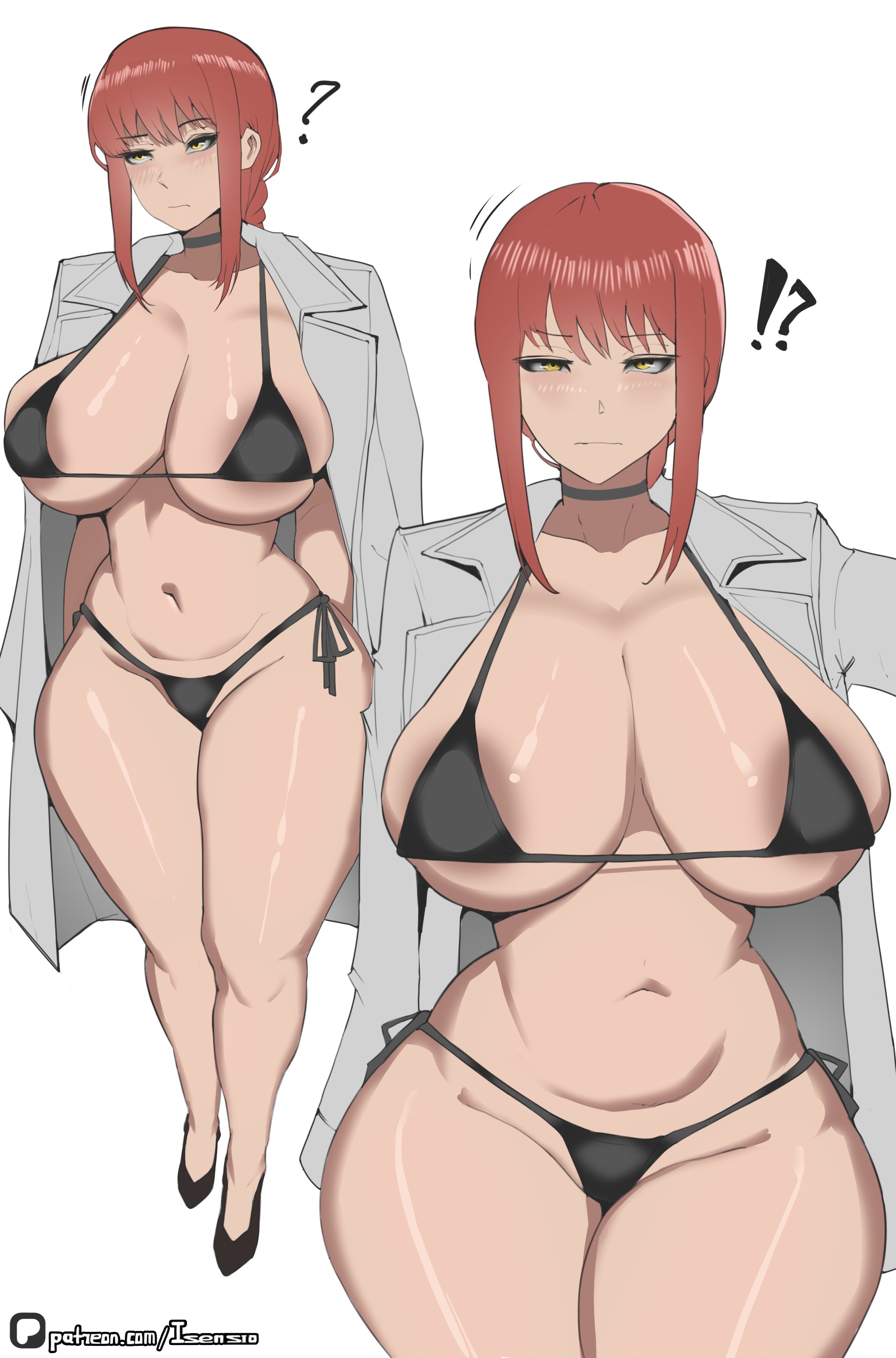 !, !?, 1girls, areola slip, big breasts, bikini, black bikini, breasts, chainsaw man, choker, curvy, female, female only, hi res, highres, huge breasts, isensio, jacket, jacket on shoulders, large breasts, looking at viewer, makima (chainsaw man), navel, red hair, side-tie bikini bottom, simple background, standing, stomach, swimsuit, thick, thick thighs, voluptuous, white background, wide hips, yellow eyes