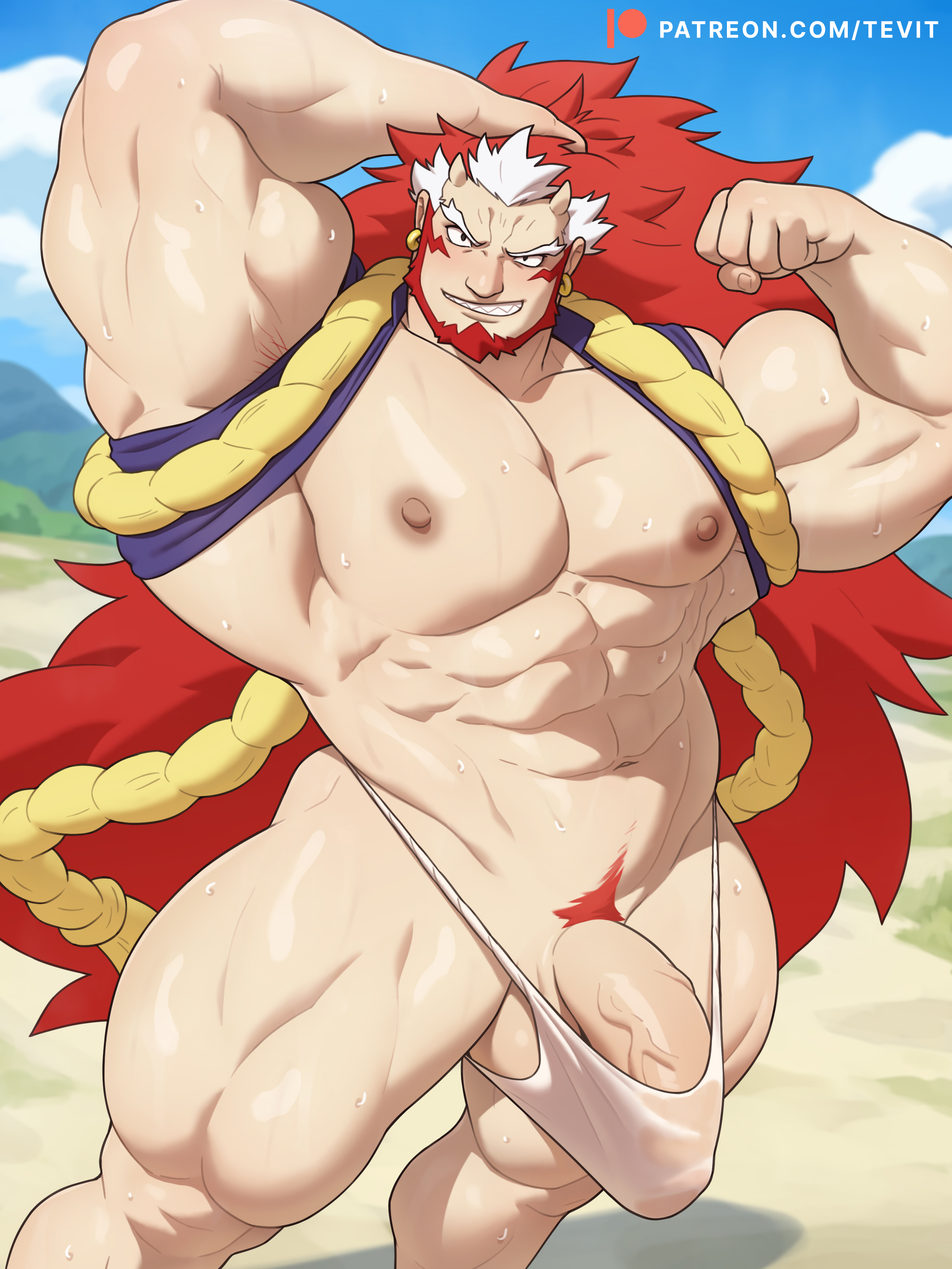 1boy, abs, absurdres, bara, beard, biceps, broad shoulders, bulge, earrings, facial hair, flaccid, highres, huge pectorals, jewelry, long hair, looking at viewer, male, male focus, male only, male pubic hair, multicolored hair, muscular, muscular arms, muscular male, navel, nipples, outdoors, pectorals, penis, pubic hair, red hair, right (yomi no tsugai), sky, small horns, solo, solo male, streaked hair, sweat, sweating, tevit15, thick thighs, thighs, two-tone hair, undersized clothes, veins, very long hair, yomi no tsugai