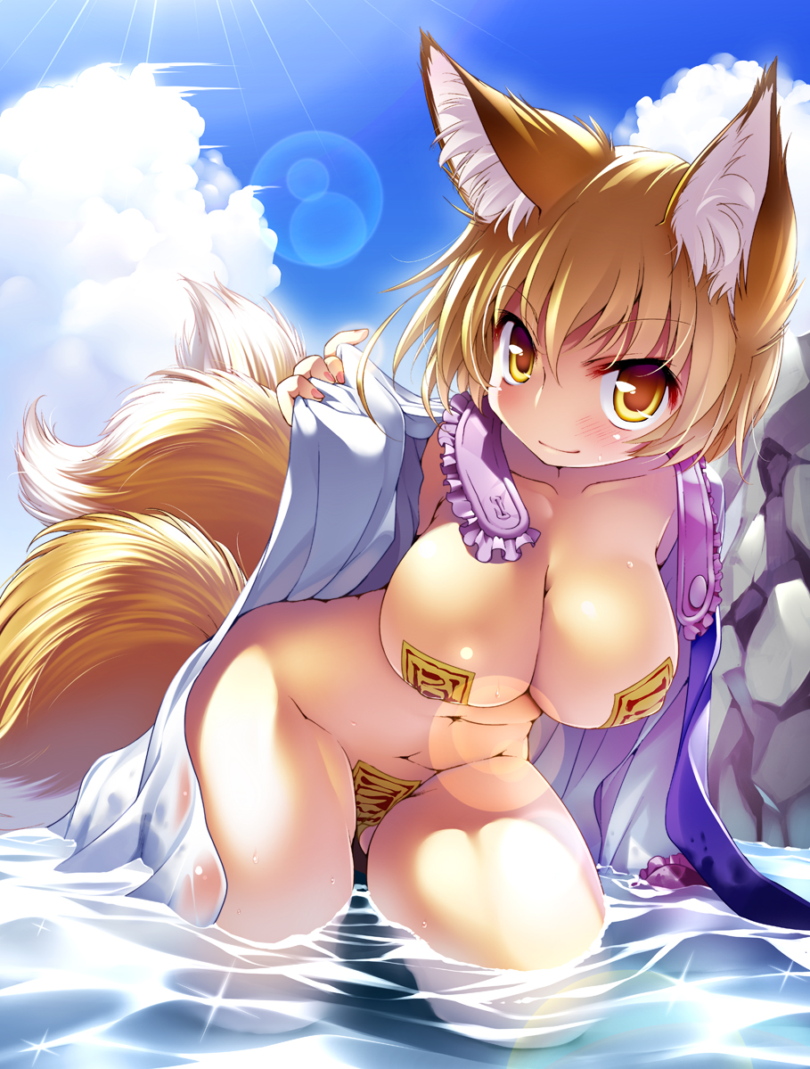 animal_ears blonde_hair blush breasts cloud curvy erect_nipples female fox_ears fox_tail hanging_breasts ikuta_takanon kneeling large_breasts lens_flare looking_at_viewer maebari multiple_tails nail_polish nude ofuda open_clothes partially_submerged pasties ran_yakumo seductive_smile short_hair sky smile solo sweat tail touhou wading water wet yellow_eyes