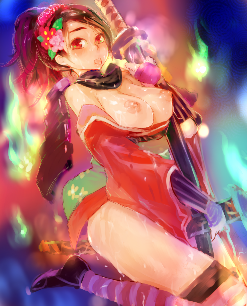 1girls black_hair blush breasts breasts_out cum female flower hair_ornament highres japanese_clothes kimono large_breasts momohime muramasa_the_demon_blade nipples red_eyes sabunaa short_kimono sode solo striped striped_legwear sword thighhighs uniskie_saabunrou weapon