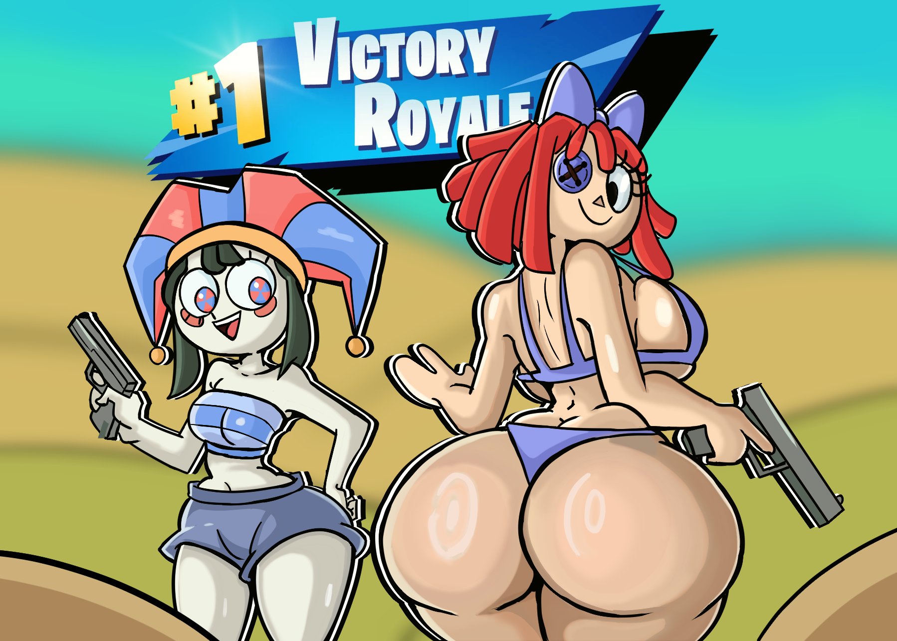 2girls, ass, big ass, big breasts, bikini, bow, brown hair, brown-haired female, button eye, clothing, doll girl, female, firearm, fortnite, fortnite skin, glitch productions, gooseworx, gun, guns, handgun, huge ass, human, incutiaarts, jester, jester hat, jester outfit, nonsexual, pale skin, pomni, pomni (beach outfit), pomni (tadc), pomni (the amazing digital circus), ragatha, ragatha (beach outfit), ragatha (tadc), ragatha (the amazing digital circus), ragdoll, red hair, red-haired female, shorts, swimwear, tagme, the amazing digital circus, tubetop, victory royale, weapon, wide hips