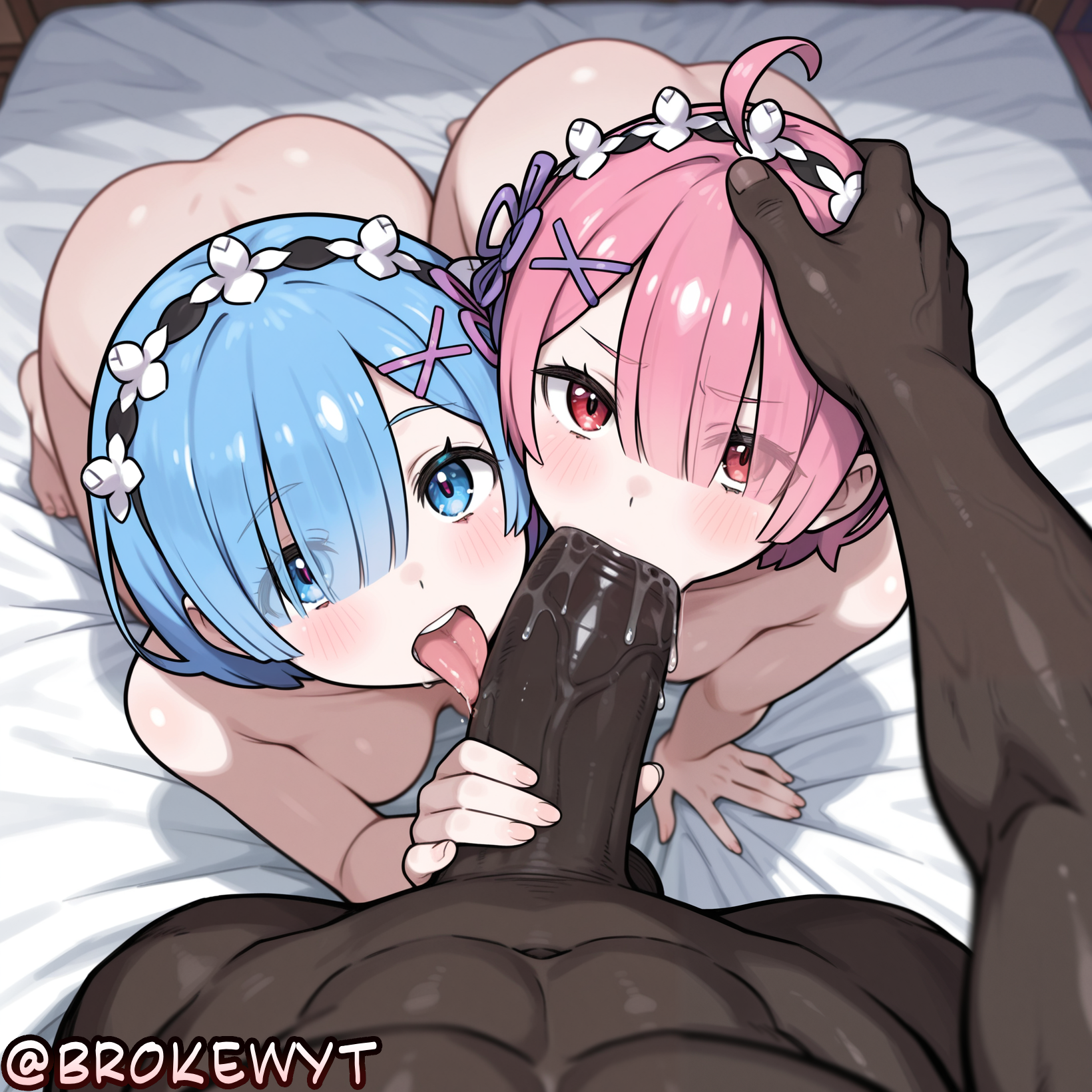 1boy, 2girls, abs, ahoge, ai generated, all fours, ass, bangs, barefoot, blue eyes, blue hair, blush, breasts, brokewyt, completely nude, cooperative fellatio, dark skin, dark-skinned male, erection, eyes visible through hair, fellatio, ffm threesome, group sex, hair ornament, hair over one eye, hair ribbon, hand on another's head, hetero, hi res, high quality, high resolution, highres, interracial, licking, licking penis, looking at viewer, maid headdress, medium breasts, multiple girls, nude, open mouth, oral, penis, pink hair, pov, ram (re:zero), re:zero kara hajimeru isekai seikatsu, red eyes, rem (re:zero), ribbon, saliva, short hair, siblings, sisters, small breasts, teeth, threesome, tongue, tongue out, twins, uncensored, veins, veiny penis, x hair ornament