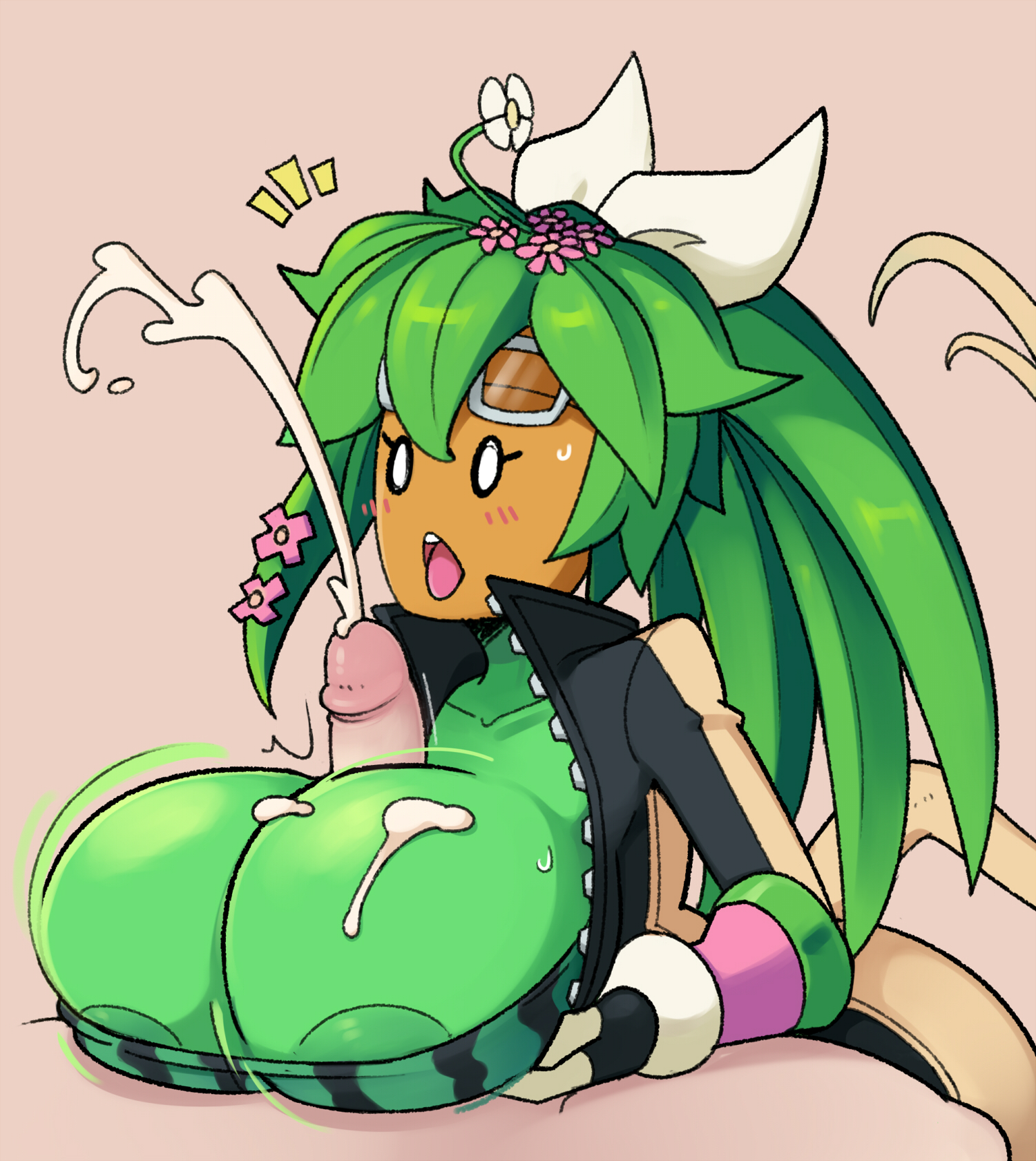 1boy, 1girls, ayb, aybr, big breasts, blaster master, blaster master zero 2, breasts, breasts bigger than head, cum, cumshot, female, female focus, grabbing own breast, huge breasts, kanna (blaster master), male, nipples, paizuri, paizuri lead by female, paizuri on lap, plant, plant girl, plant humanoid, source request, titjob