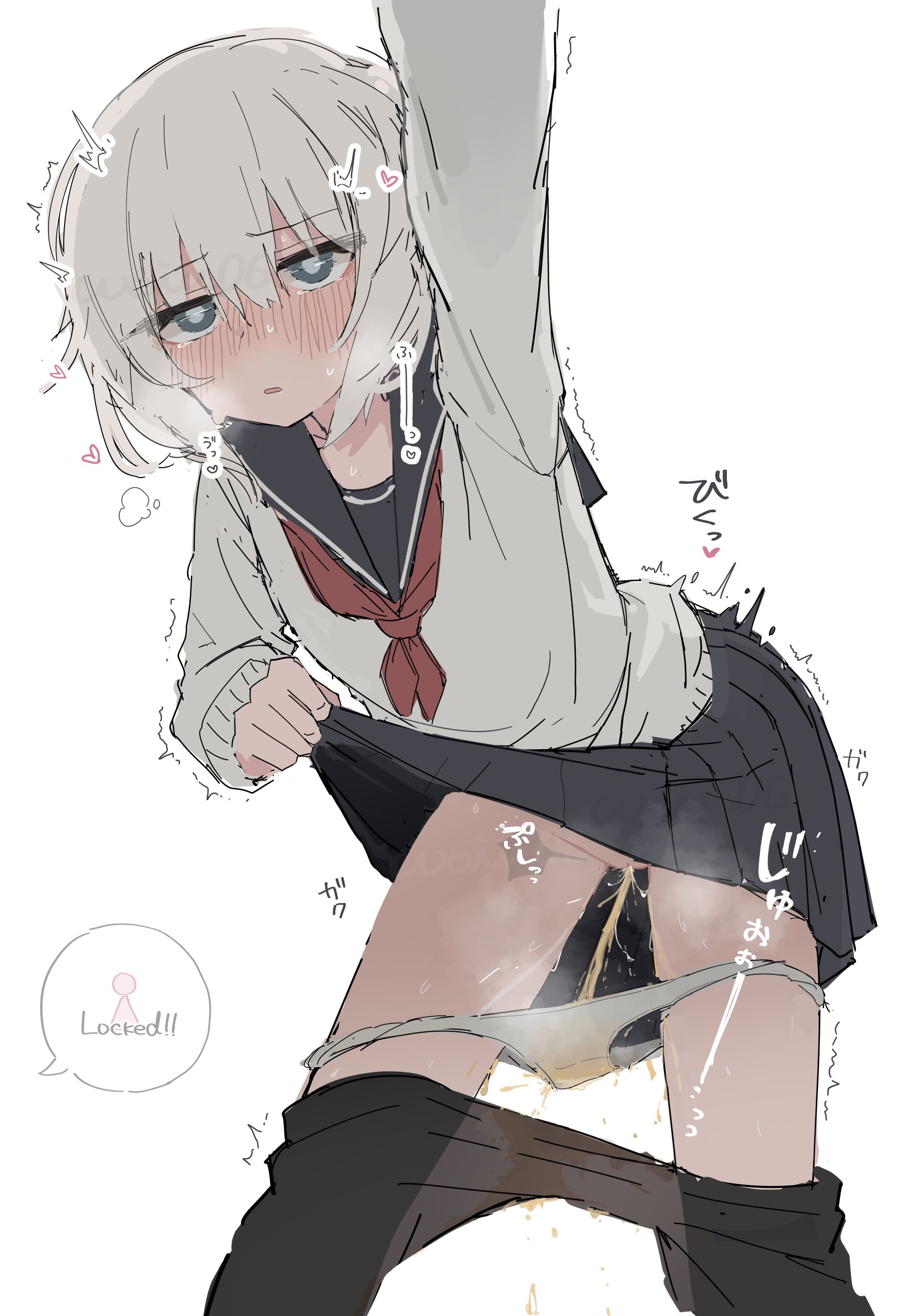 1girls, bent over, black pantyhose, black sailor collar, black skirt, blush, bright pupils, clothes lift, clothes pull, commentary request, didn't make it in time, duplicate, feet out of frame, grey eyes, heart, highres, lifting own clothes, long sleeves, motion lines, neckerchief, nose blush, original, panties, panties around thighs, panty pull, panty roll, pantyhose, pantyhose pull, parted lips, pee, pee stain, peeing, peeing self, pleated skirt, pussy, red neckerchief, sailor collar, school uniform, serafuku, shirt, short hair, simple background, sketch, skirt, skirt lift, solo, sound effects, stained panties, standing, steaming body, sweat, trembling, underwear, watermark, wet, wet clothes, wet pantyhose, white background, white hair, white panties, white pupils, white shirt, woiu