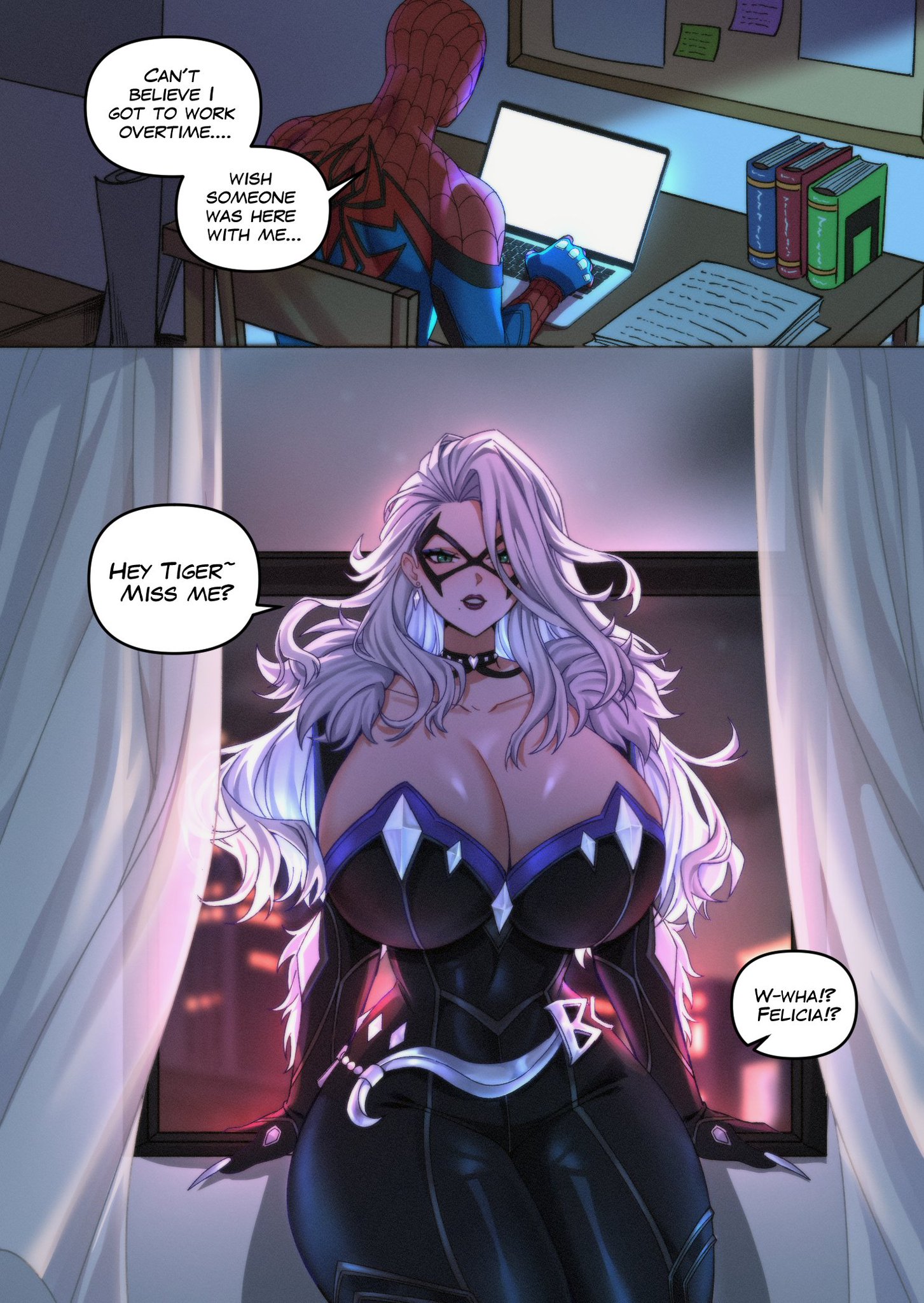 1boy, 1boy1girl, 1girls, 2026, 2d, big breasts, black cat (marvel rivals), black cat (marvel), black choker, books, breasts, child bearing hips, choker, clothed, comic panel, computer, curvaceous, curvaceous body, curvaceous female, curvaceous figure, curvaceous hips, curvaceous thighs, dialogue, earring, english text, felicia hardy, female, fully clothed, huge breasts, laptop, male, marvel, marvel comics, marvel rivals, peter parker, ryuukusnpaiarts, spider-man, spider-man (marvel rivals), spider-man (series), text, text bubble, waifu