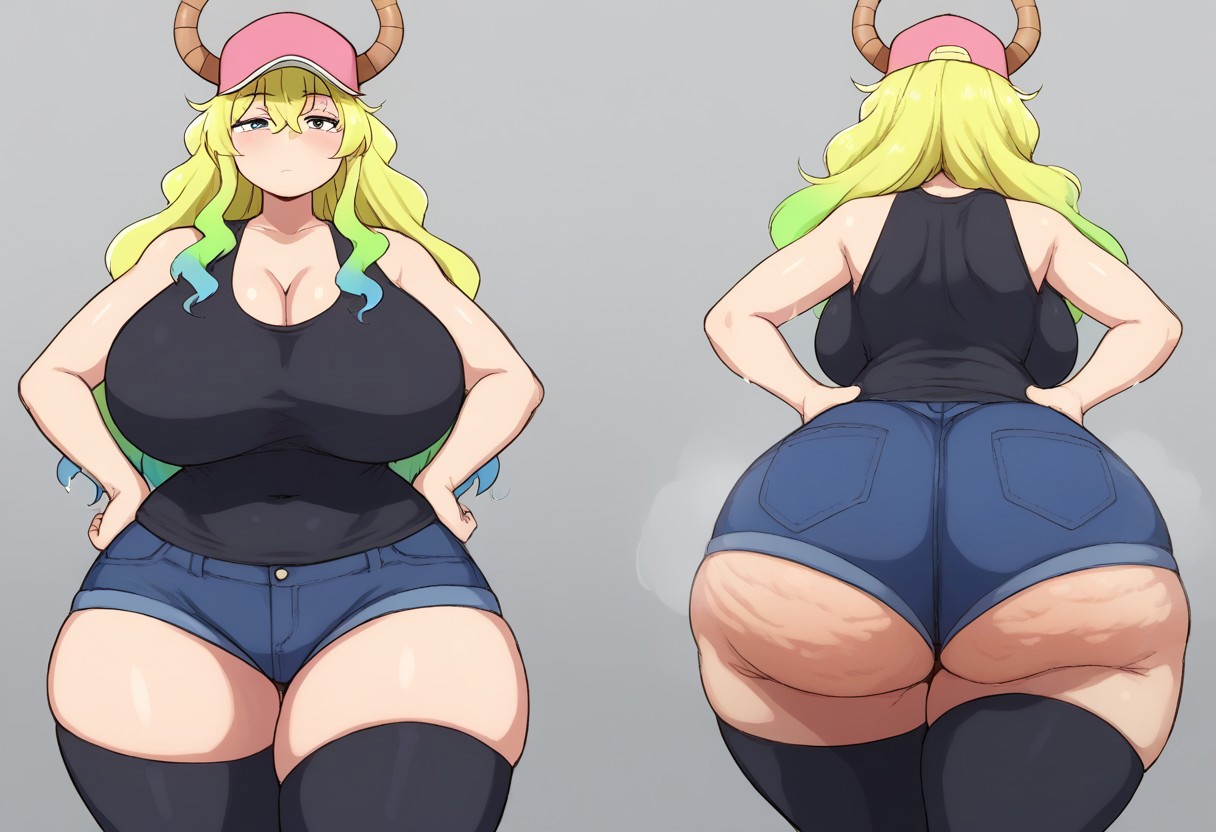 ai generated, backboob, big ass, big breasts, cellulite, gvukub, huge ass, huge breasts, miss kobayashi's dragon maid, quetzalcoatl (dragon maid), thick thighs, wide hips