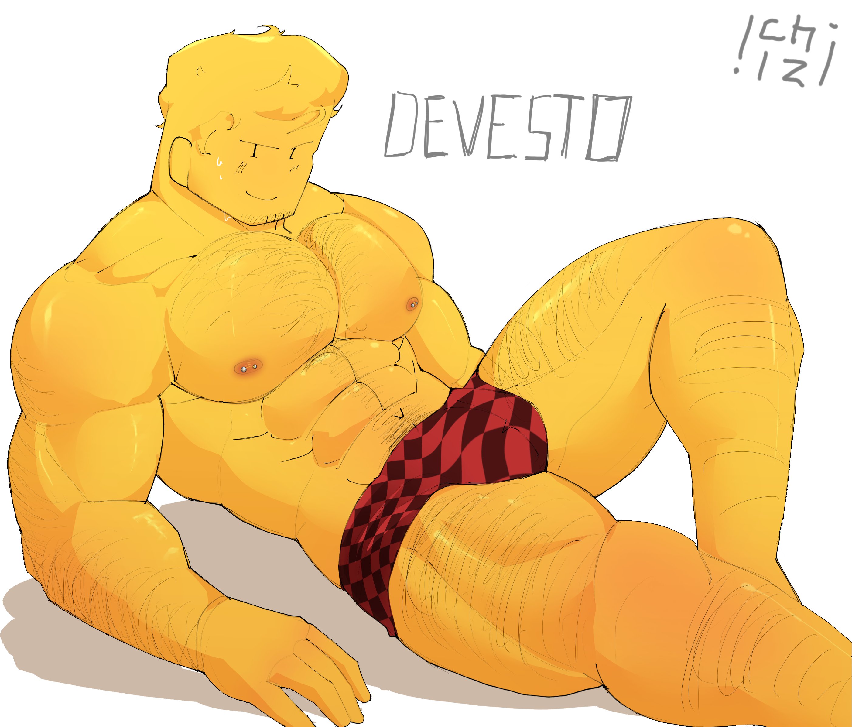 1boy, 2026, 2d, 2d (artwork), abs, artist signature, bara, bara tits, barazoku, boxers, boxers only, character name, checkered bottomwear, checkered clothes, checkered underwear, clothed, clothing, color, colored, devesto, die of death (roblox), digital drawing (artwork), digital media (artwork), hairy, hairy arms, hairy chest, hairy legs, hairy male, looking at viewer, male, male only, manly, muscular, muscular male, nipple piercing, nipple piercings, nipples, pecs, rebelliousmilk, roblox, roblox game, robloxian, simple background, smile, smiling, solo, solo male, thick thighs, thighs, underwear, watermark, white background, yellow body, yellow skin