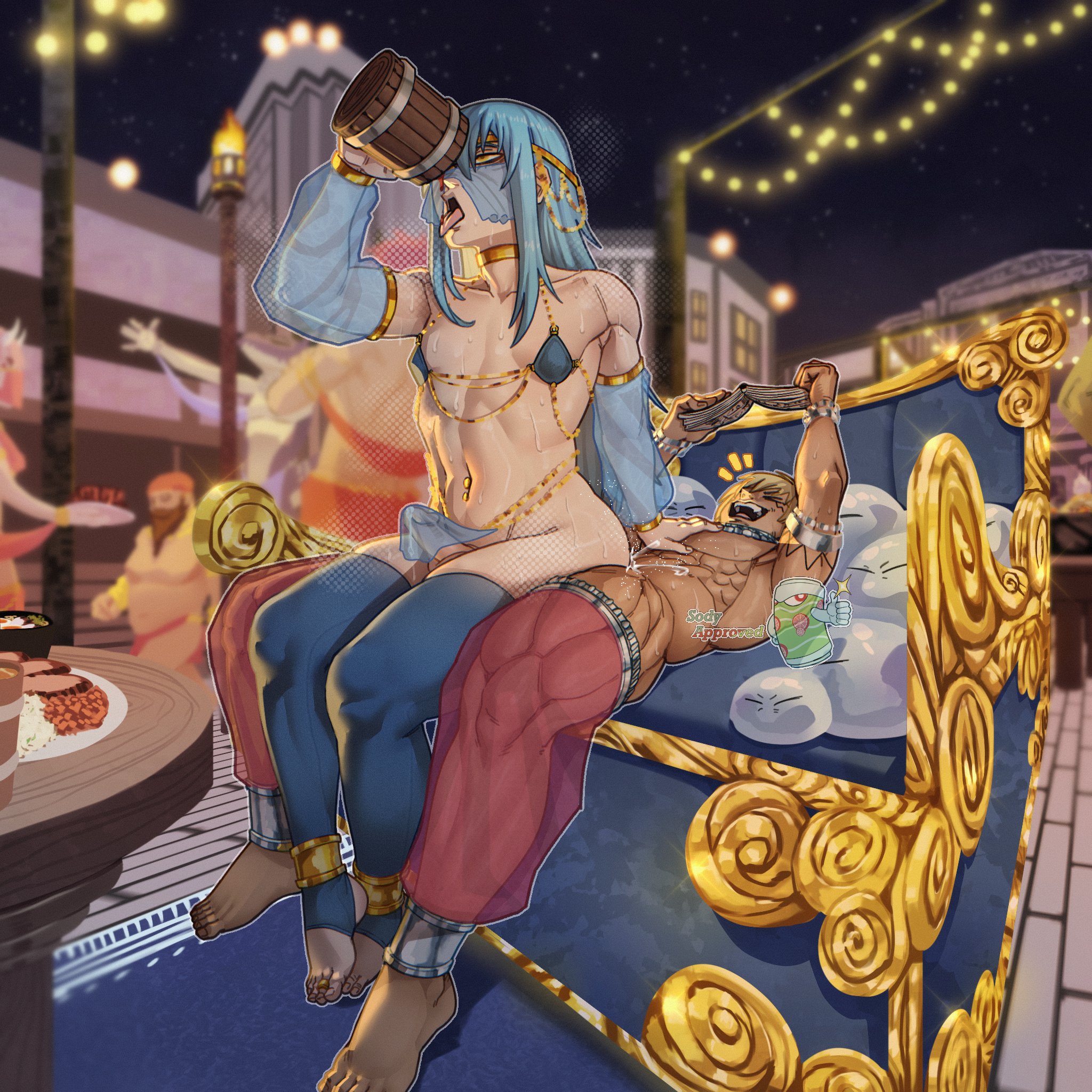 2boys, accessories, accessory, armwear, bare midriff, bare shoulders, barely clothed, barely visible genitalia, barely visible penis, belly dancer, belly dancer outfit, burnt lewds, curvaceous, curvaceous figure, curves, curvy, curvy body, curvy figure, curvy hips, dancer outfit, dick riding, drinking, femboy, femboy focus, femboy on male, femboy penetrated, gold (metal), gold eyes, gold jewelry, golden eyes, incinerated art, jewlery, laying down, laying on back, leaking, leaking cum, long hair, male, male focus, male only, male penetrated, male penetrating, male penetrating male, male/male, muscles, muscular, muscular arms, muscular legs, muscular male, muscular thighs, partially clothed, partially nude, penetration, penis, penis in ass, pierced belly button, piercing, pitching a tent, reading, reverse cowgirl, reverse cowgirl position, riding, riding cock, riding dick, riding penis, rimuru tempest, seductive, see-through, see-through clothes, sex, sex from behind, sitting, sitting on another, sitting on lap, sitting on penis, sitting on person, skimpy, skimpy clothes, skimpy outfit, smaller male, stirrup footwear, stirrup legwear, stirrup stockings, stirrup thighhighs, sweat, sweatdrop, sweating, sweaty, sweaty body, tensei shitara slime datta ken, that time i got reincarnated as a slime, thick legs, thick thighs, thigh highs, thigh socks, thighhighs, thighs, toned body, toned male, tongue, tongue out, veldora tempest
