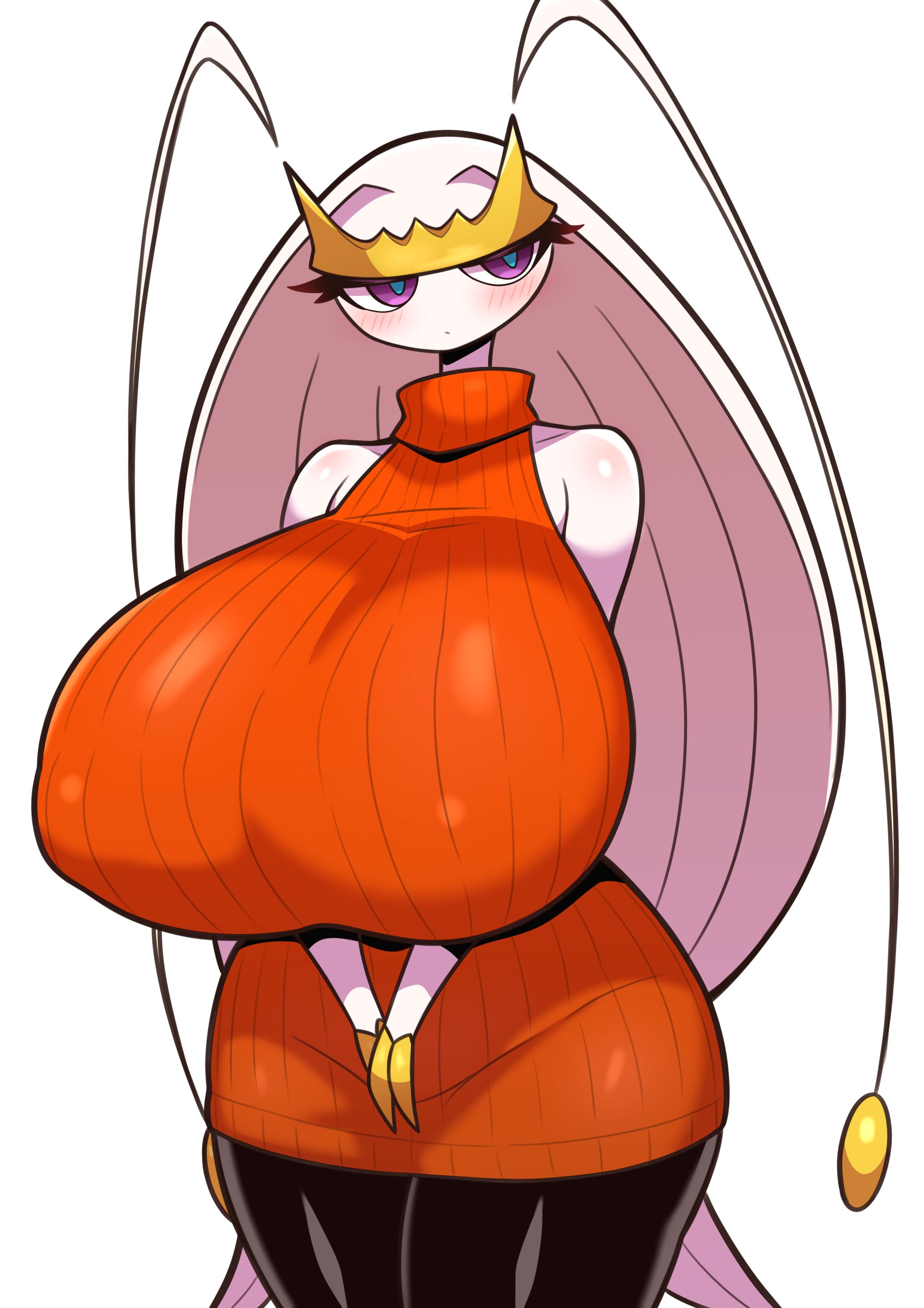 1girls, anthro, big breasts, blue eyes, breasts, clothing, female only, game freak, hair, hips, huge breasts, large breasts, leggings, long hair, orange sweater, pheromosa, pokemon, pokemon (species), pokemon sm, sigruku, solo, solo female, sweater, thighs, ultra beast, white body, white hair, white skin