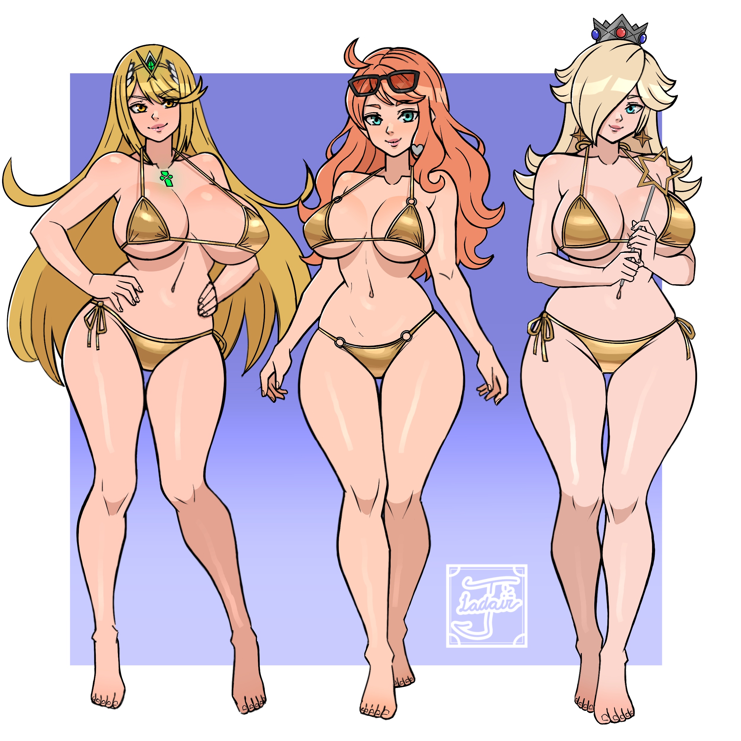 3girls, absurdres, barefoot, big breasts, bikini, blonde hair, blue eyes, breasts, brown eyes, cleavage, closed mouth, collarbone, commentary, english commentary, eyewear on head, full body, game freak, gold bikini, gold swimsuit, gold swimwear, golden bikini, golden swimsuit, golden swimwear, golden week, groin, hair down, hair over one eye, hands on own hips, highres, holding, holding wand, jayladair, large breasts, lips, long hair, looking at viewer, mario (series), multiple girls, mythra, mythra (xenoblade), navel, nintendo, orange hair, pokemon, pokemon ss, pokemon sword and shield, pokemon swsh, princess rosalina, rosalina, smile, sonia (pokemon), stomach, swimsuit, wand, xenoblade (series), xenoblade chronicles (series), xenoblade chronicles 2