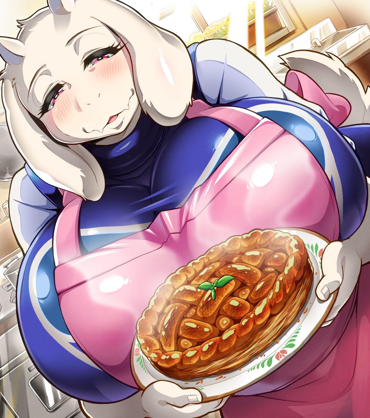 68 (artist), anthro, big breasts, blush, boss monster (undertale), bovid, caprine, clothing, digital media (artwork), female, fingers, floppy ears, fur, goat, half-closed eyes, hi res, horn, huge breasts, looking at viewer, mammal, messy, milf, narrowed eyes, solo, toriel, undertale, undertale (series), voluptuous, white body, white fur, wide hips