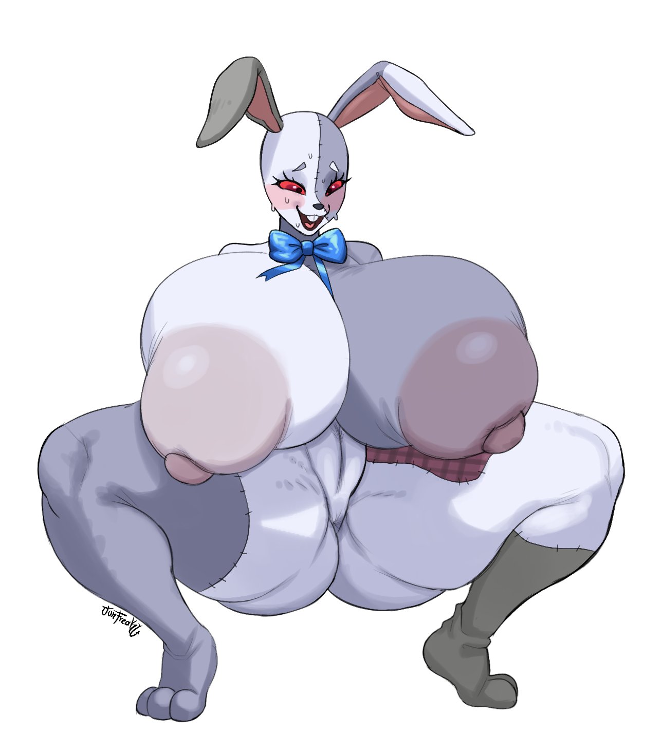 1girl, 1girls, bunny ears, female, female focus, female only, five nights at freddy's, five nights at freddy's: security breach, gigantic breasts, huge ass, huge breasts, junbutfreaky, junfreaky, nervous, nervous smile, solo, squatting, sweating, vanny (fnaf)
