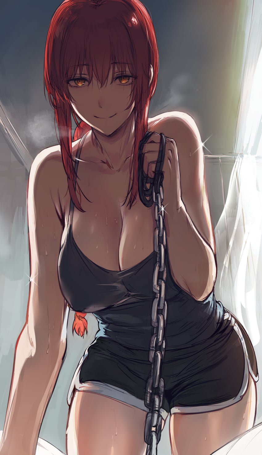 1girls, big breasts, black shorts, chains, chainsaw man, cleavage, dolphin shorts, female, female only, gym clothes, hews, hews hack, leash, makima (chainsaw man), orange eyes, pov, red hair, sagging breasts, smile, solo, tank top, tied hair