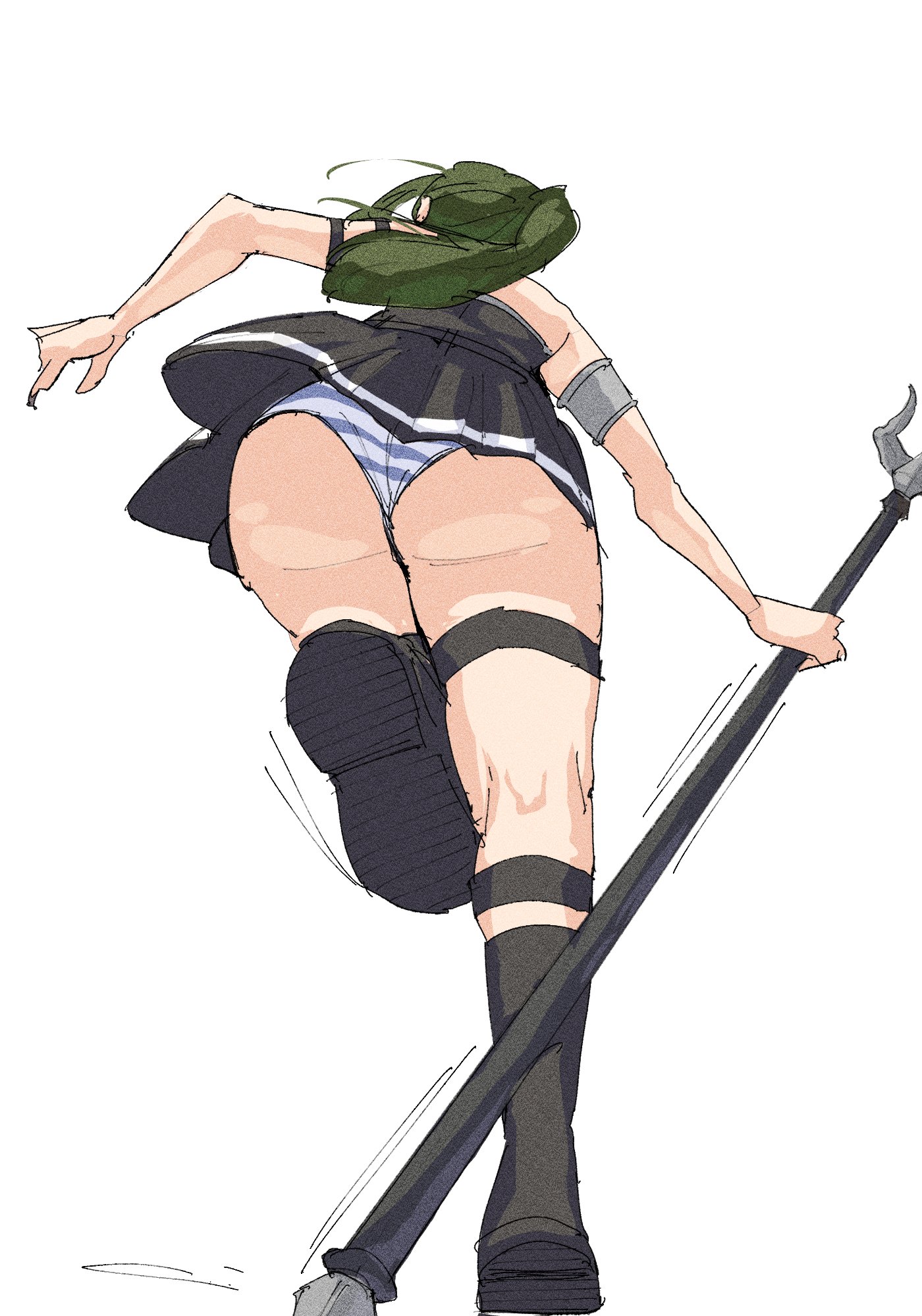 ass, black skirt, green hair, panties, running, sousou no frieren, striped panties, ubel (sousou no frieren), upskirt