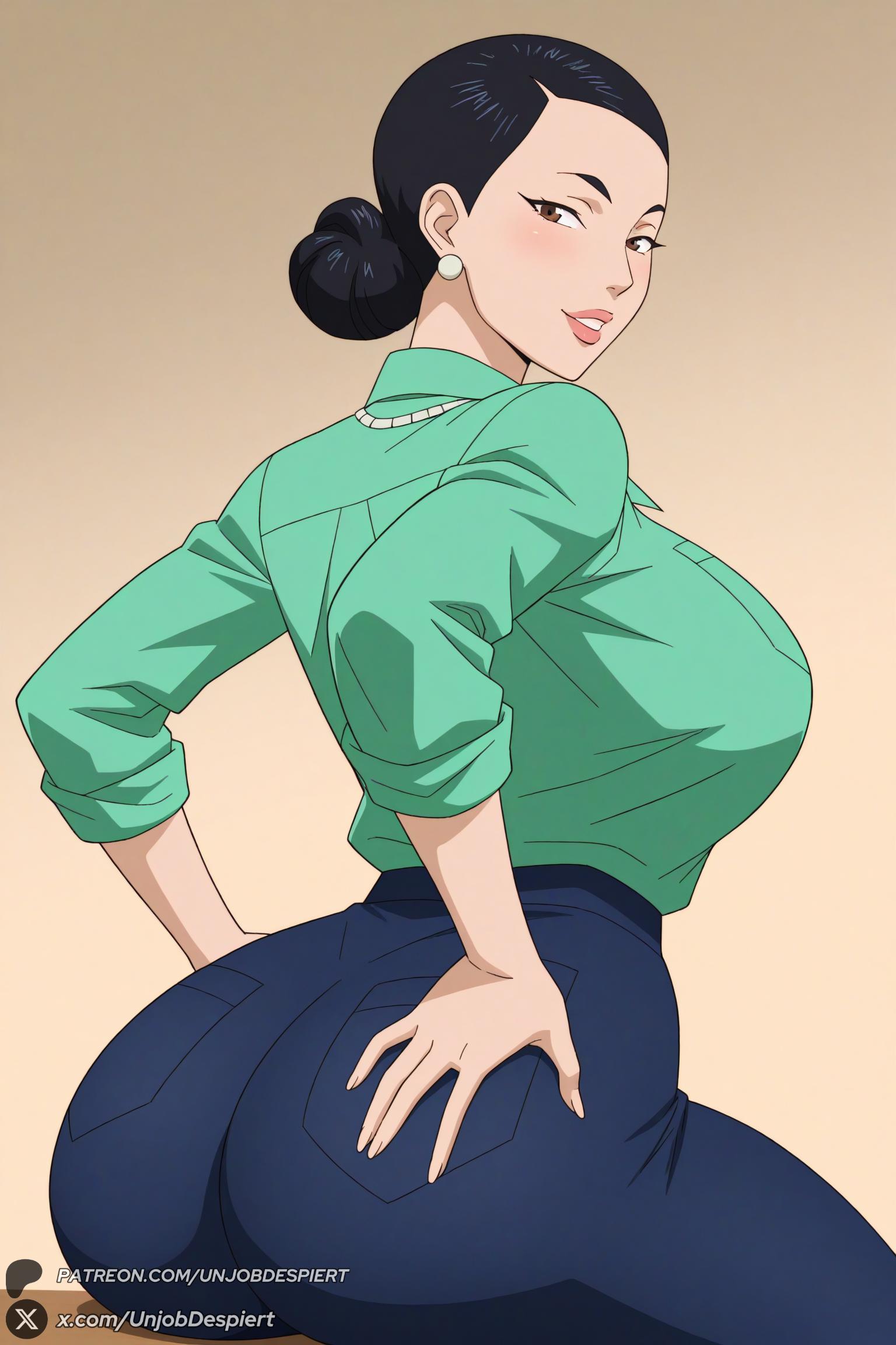 1female, 1girl, 1girls, 2026, ai generated, artist name, ass, big ass, big breasts, black hair, blue pants, blush, breasts, brown eyes, curvy, debbie grayson, denim, earrings, female, female only, from behind, gradient background, green shirt, hair bun, hands on own ass, hi res, high quality, high resolution, highres, huge ass, huge breasts, invincible, invincible (tv series), jeans, jewelry, large breasts, lips, looking at viewer, looking back, mature female, necklace, pants, parted lips, patreon, patreon logo, patreon username, pocket, shirt, shirt tucked in, single hair bun, sitting, smile, solo, unjobdespiert, watermark