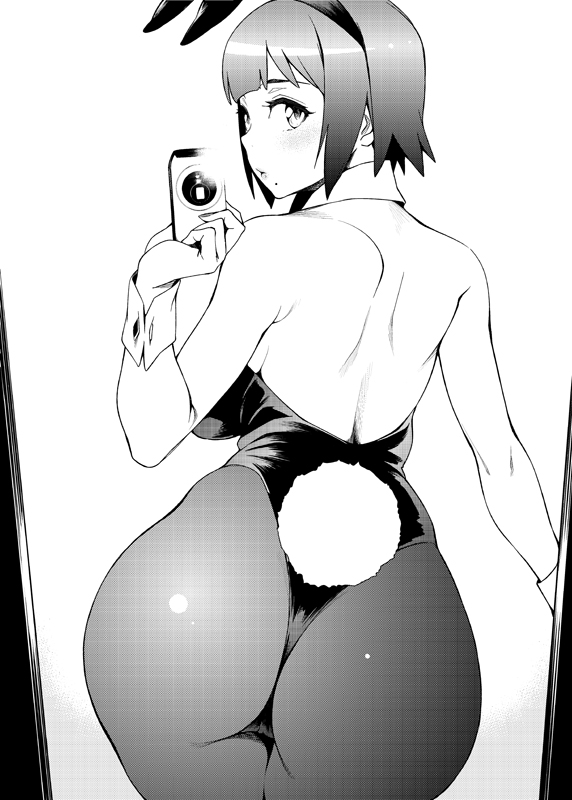1girls, animal ear, ass, bunny costume, bunny ear, bunny tail, bunnysuit, camera, camera phone, detached collar, female, female pov, huge ass, idolmaster, looking back, mirror selfie, mole, otonashi kotori, pantyhose, pov, pov ass, selfie, short hair, tail, white background, wrist cuffs, yurikawa