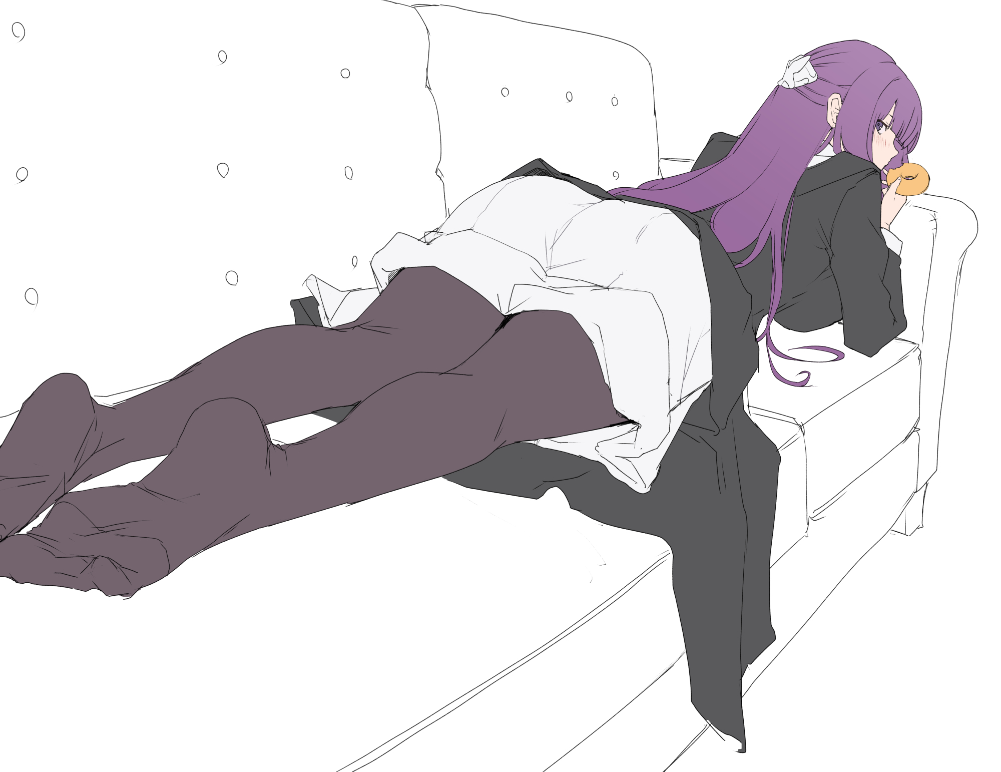 1girl, black pantyhose, black robe, blush, couch, donut, dress, eyelashes, feet, fern (sousou no frieren), food, foreshortening, frieren beyond journey's end, from behind, full body, hair ornament, highres, holding, indoors, legs, long hair, long sleeves, looking back, lying, meme, mitsuru (uramitsuru1206), no shoes, on couch, on stomach, pantyhose, purple eyes, purple hair, robe, simple background, soles, solo, sousou no frieren, toes, unfinished, white background, white dress